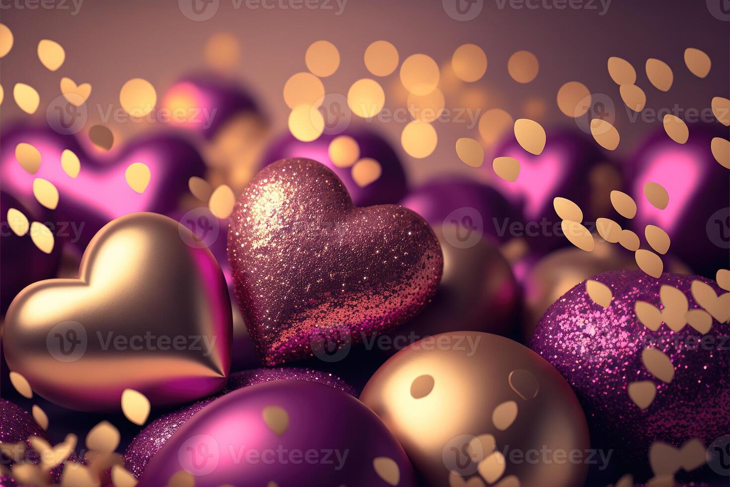 Bright festive background with inflatable hearts, sequins and bokeh Light Effect. Card background for Valentine's Day, Happy Birthday and so on. photo