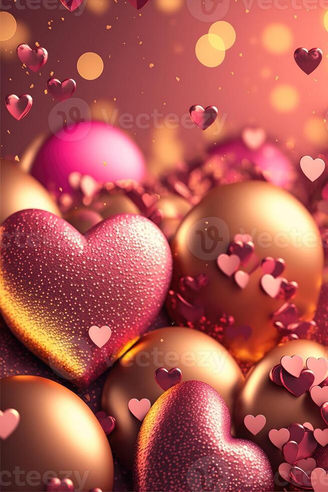 Bright festive background with inflatable hearts, sequins and bokeh Light Effect. Card background for Valentine's Day, Happy Birthday and so on. photo