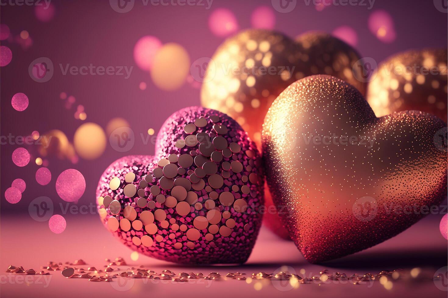 Bright festive background with inflatable hearts, sequins and bokeh Light Effect. Card background for Valentine's Day, Happy Birthday and so on. photo