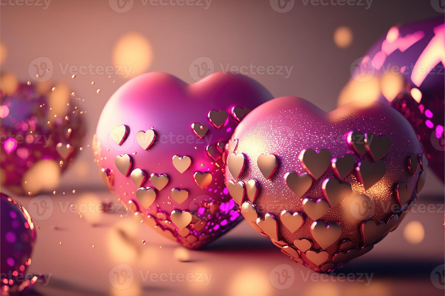 brillante festivo antecedentes con inflable corazones, lentejuelas y bokeh ligero efecto. tarjeta antecedentes para San Valentín día, contento cumpleaños y entonces en. generativo ai foto