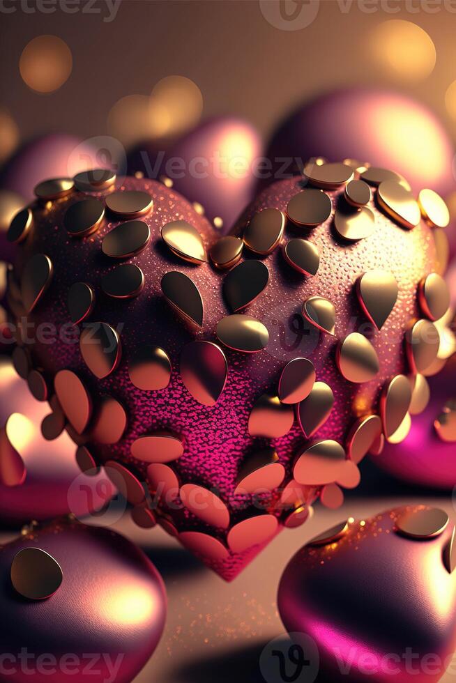 Bright festive background with inflatable hearts, sequins and bokeh Light Effect. Card background for Valentine's Day, Happy Birthday and so on. photo