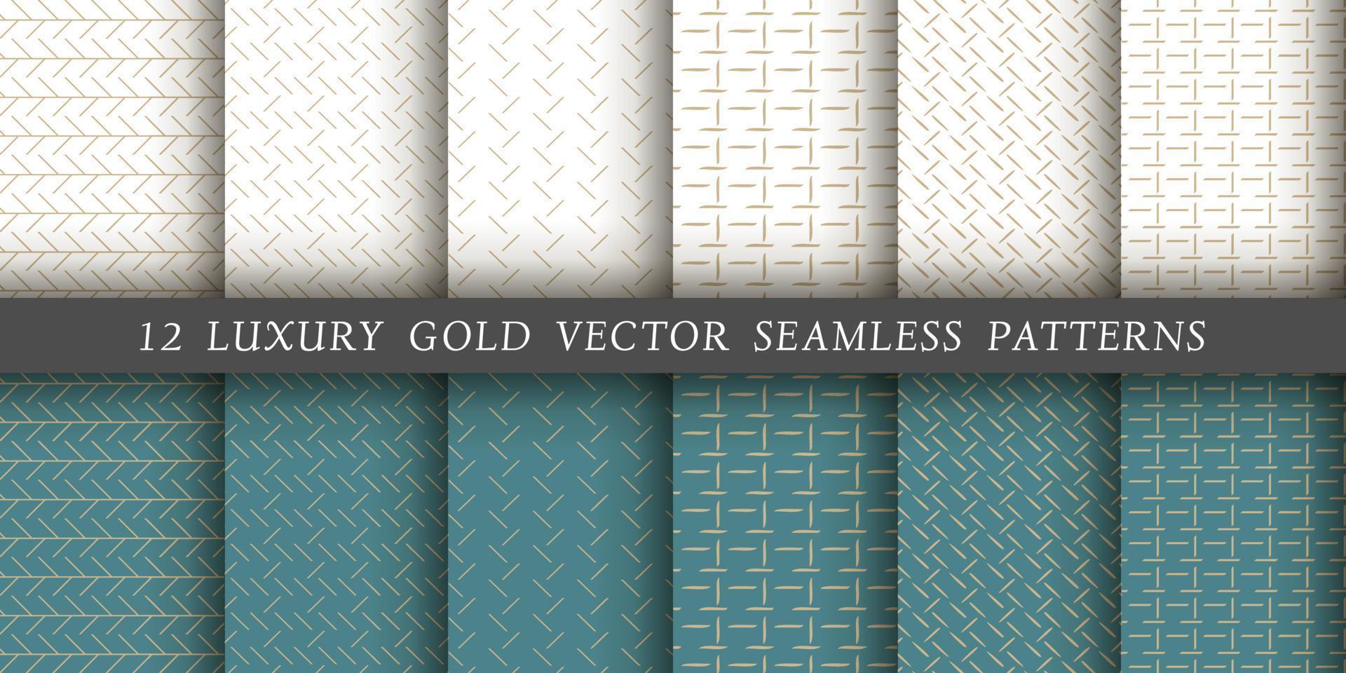 Set of 12 vector seamless patterns. Geometrical patterns on a white and emerald background.