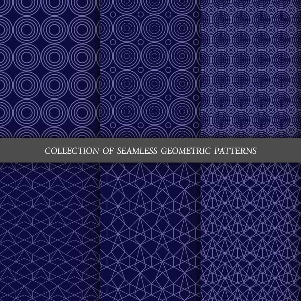 Set of 6 vector seamless patterns. Geometrical patterns on a blue background.