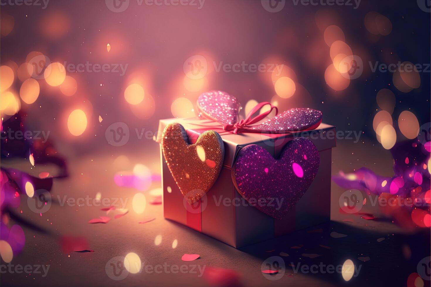 Realistic congratulatory blured background with gift box and hearts and light effects . photo