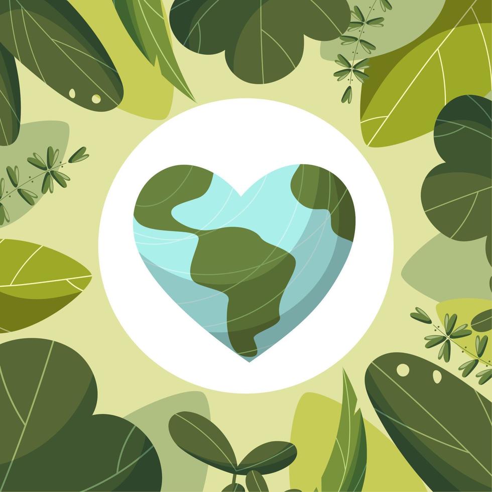 Planet earth in the shape of a heart with leaves. Frame of green bright leaves. The emblem of the concept of saving the planet. Love for ecology, earth, planet. Poster template, banner. vector