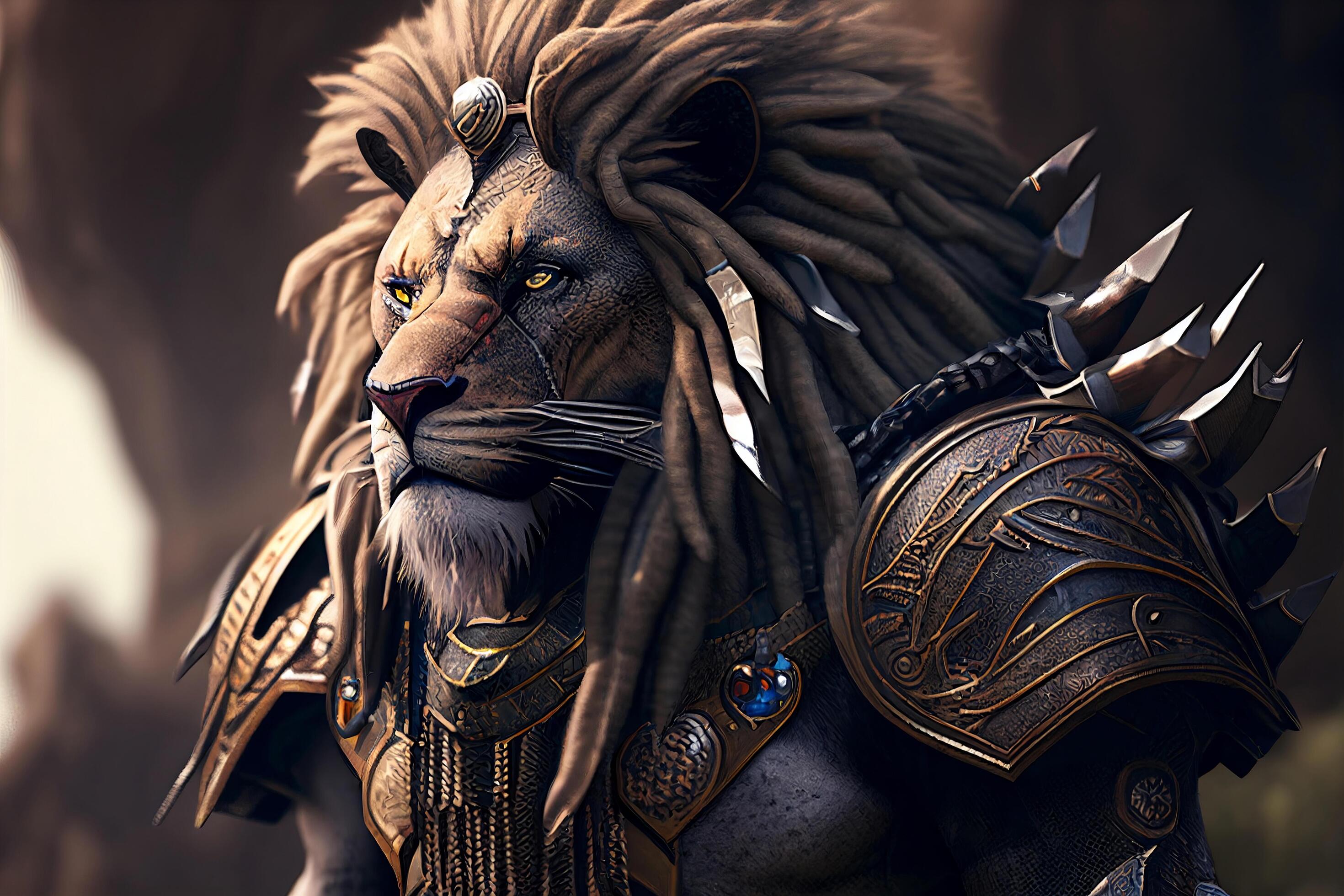 Lion king with full armor and weapon 22036528 Stock Photo at Vecteezy