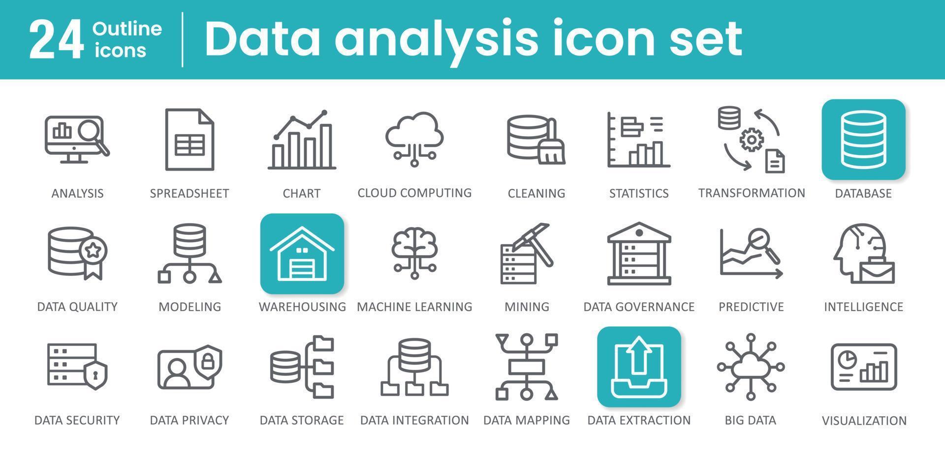 Data analysis icon set. Contains data analysis and processing icons. Vector illustration