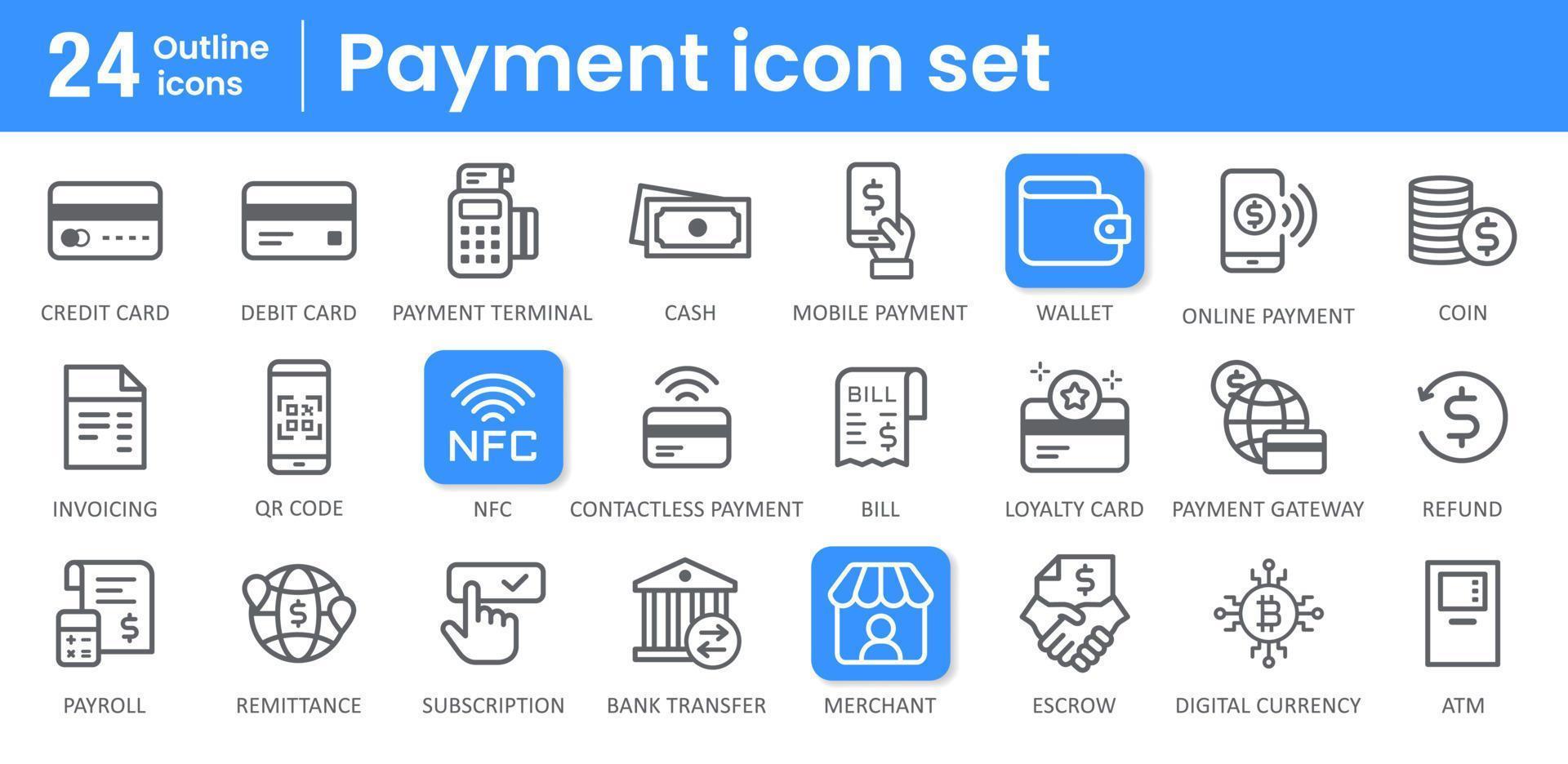 Payment icon set. Contains icons of payment methods and processes. Vector illustration