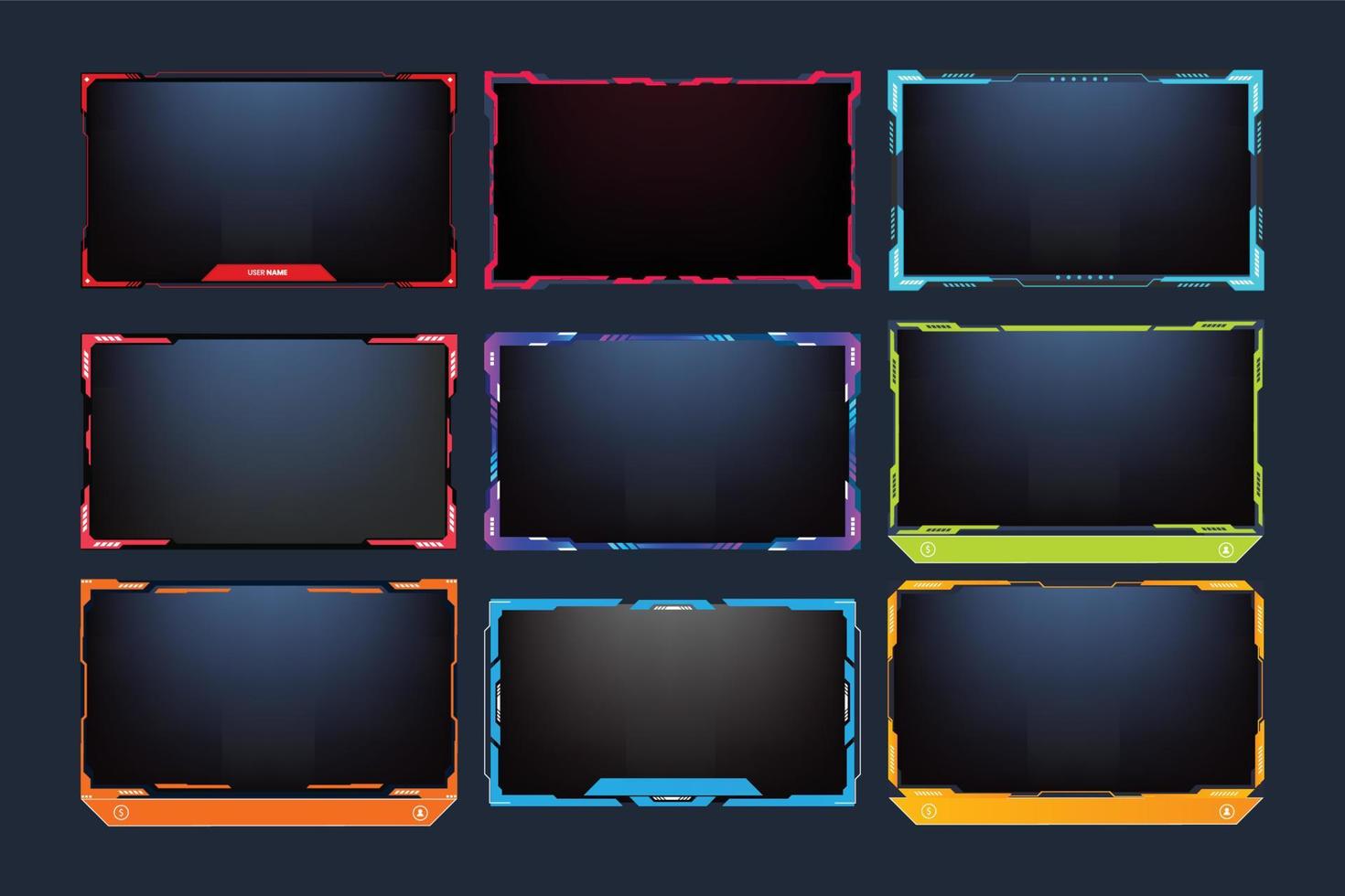 Futuristic stream overlay set vector. Broadcast screen interface bundle design for live streaming screens. Online gaming overlay vector collection with yellow, red, and blue colors on dark background.