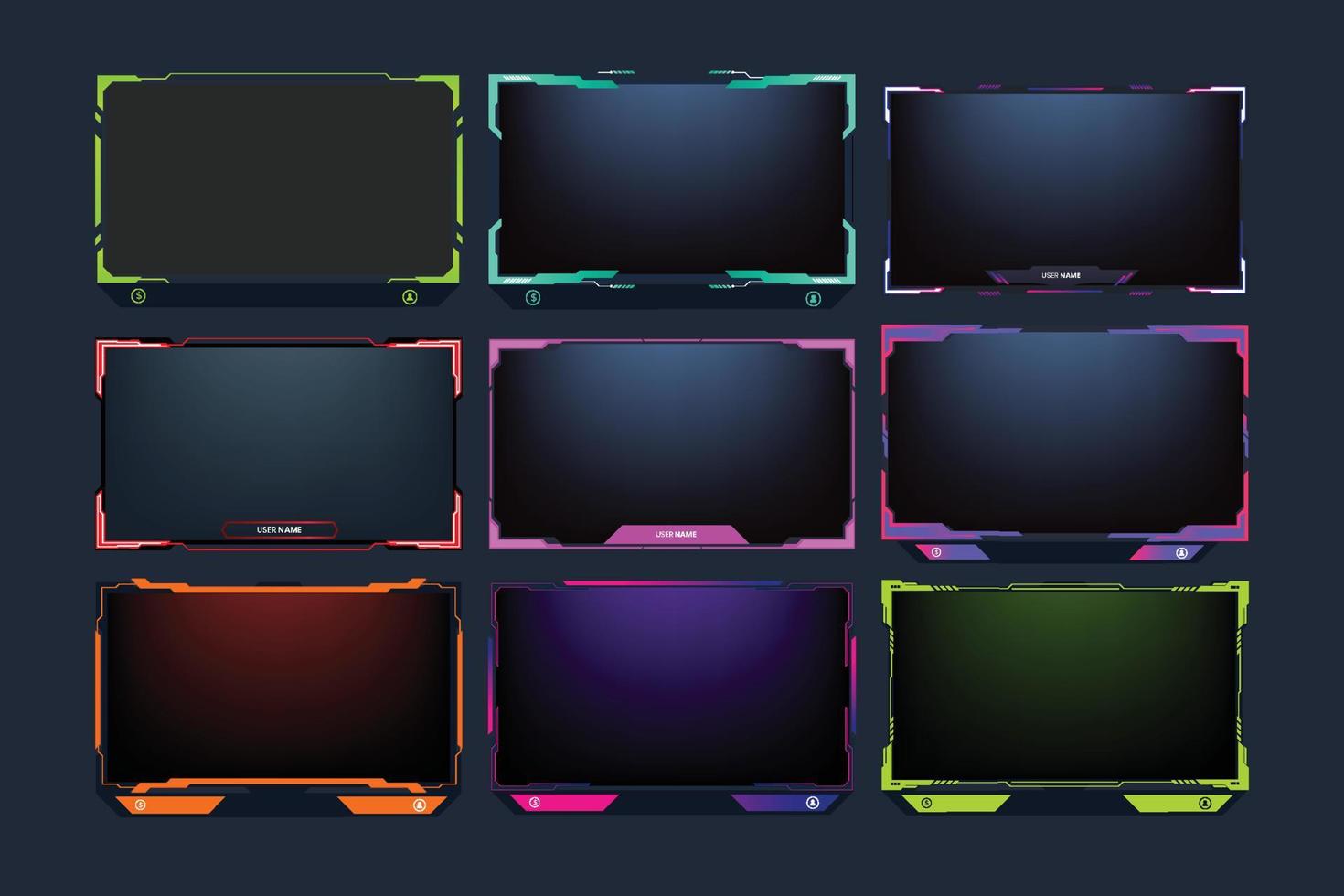 Live streaming overlay design collection for screen panels. Futuristic green, purple, and orange gaming overlay bundle for online gamers. Live stream overlay set vector with colorful buttons.