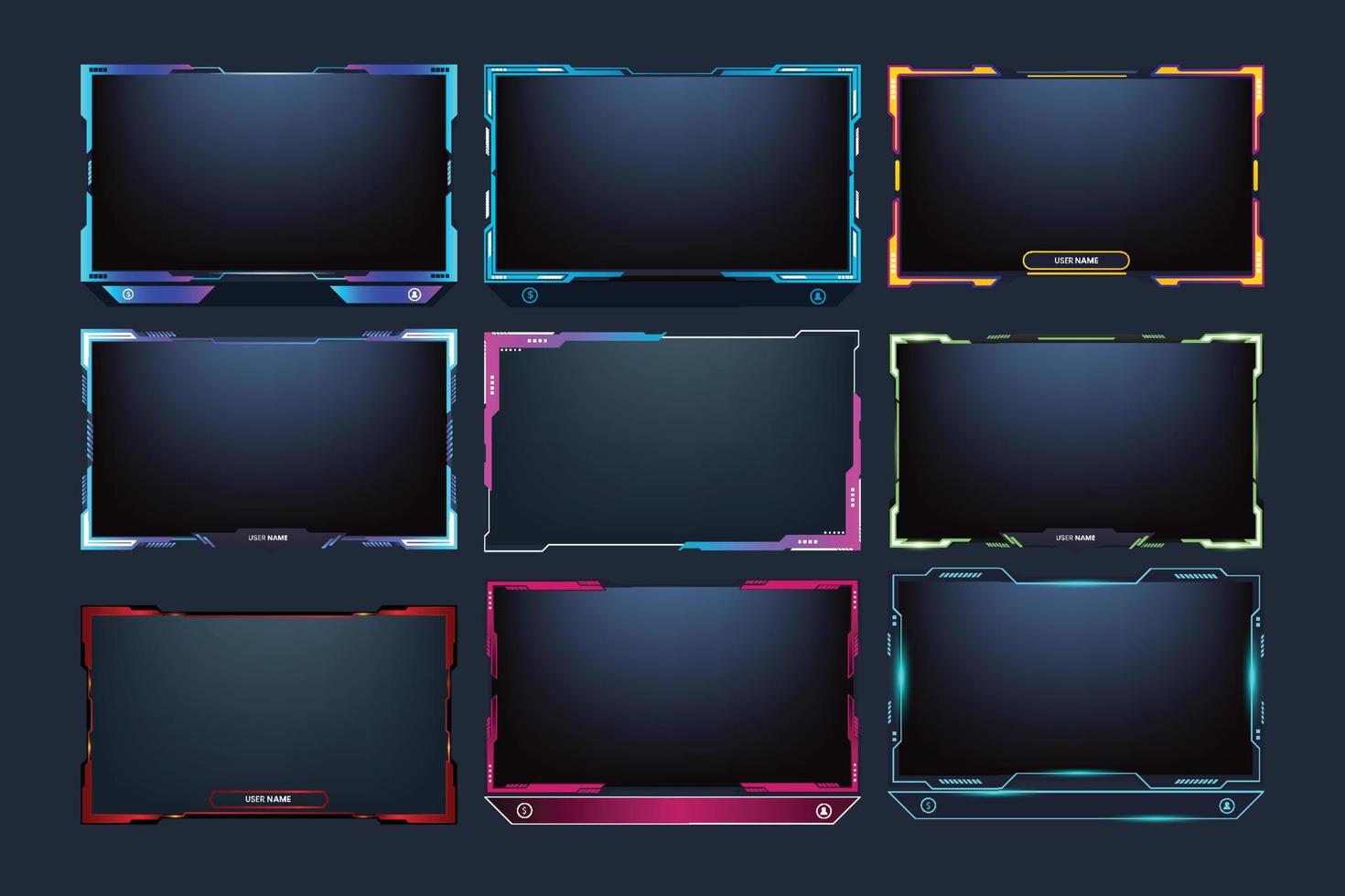 Gaming frame and streaming template set with blue, red, and yellow colors. Live streaming overlay bundle for online gamers. Streaming overlay and screen interface collection on a dark background. vector