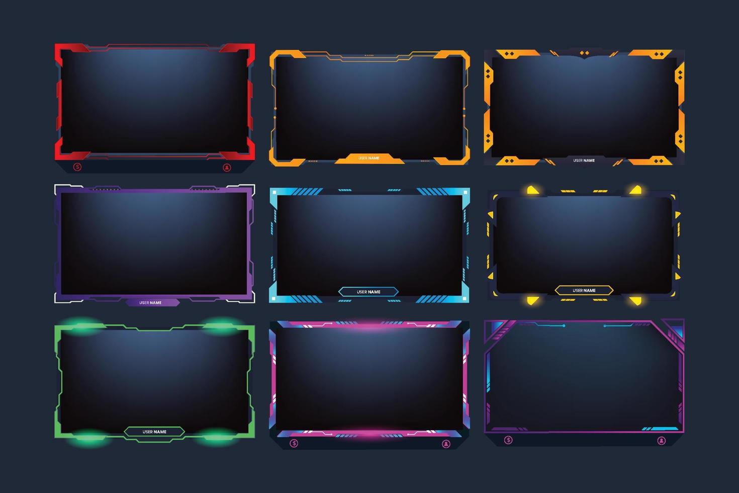 Futuristic gaming overlay and online screen panel bundle with red, yellow, and purple colors. Live streaming overlay collection with abstract shapes. Modern gaming overlay set vector. vector