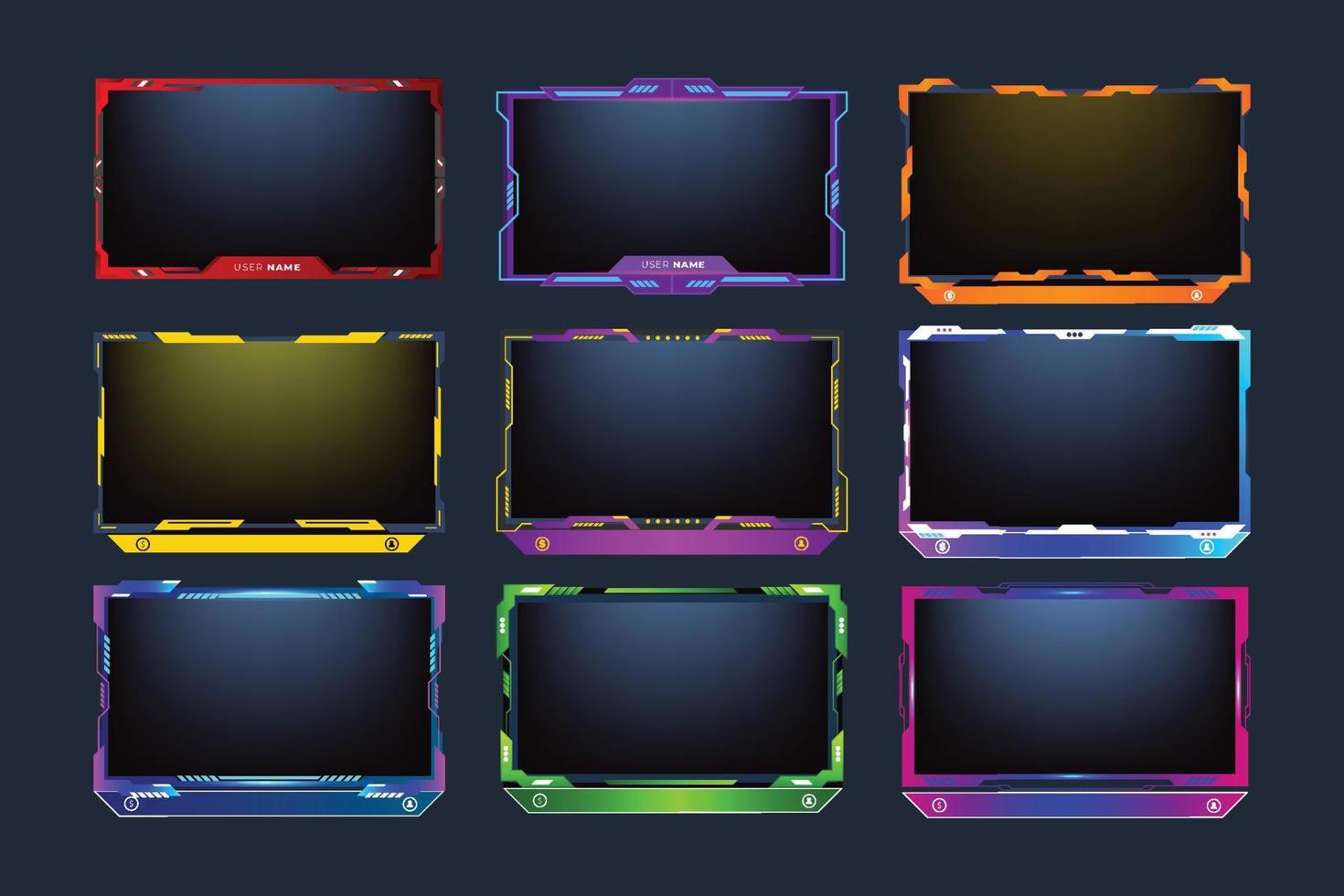 Futuristic gaming frame border bundle with purple, red, and yellow colors. Modern gaming screen panel and frame border set with neon effect. Live and streaming screen interface collection for gamers. vector