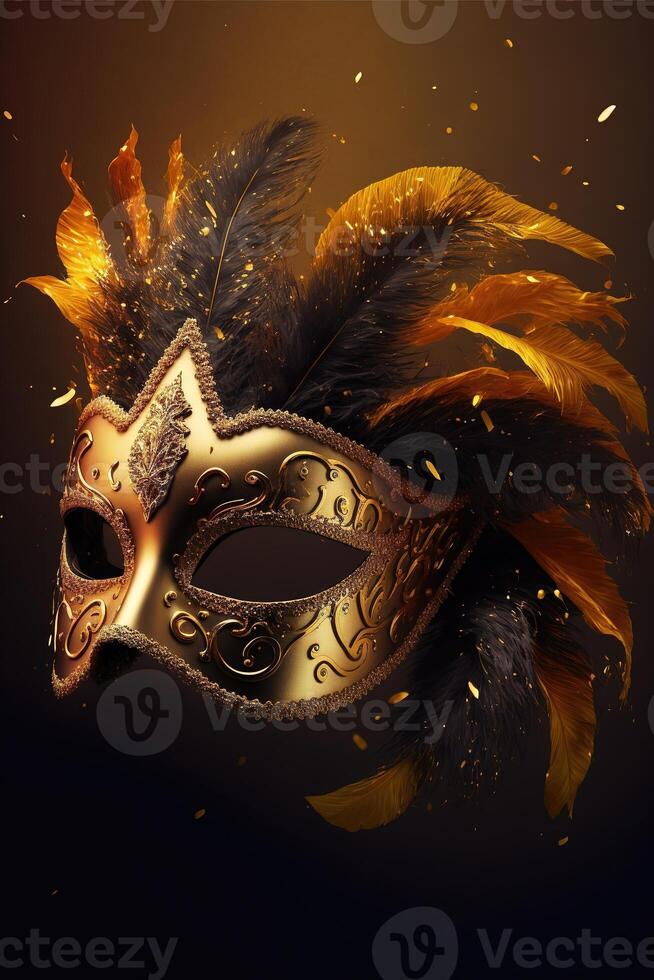 Realistic luxury carnival mask with yellow feathers. Abstract blurred background, gold dust, and light effects. photo