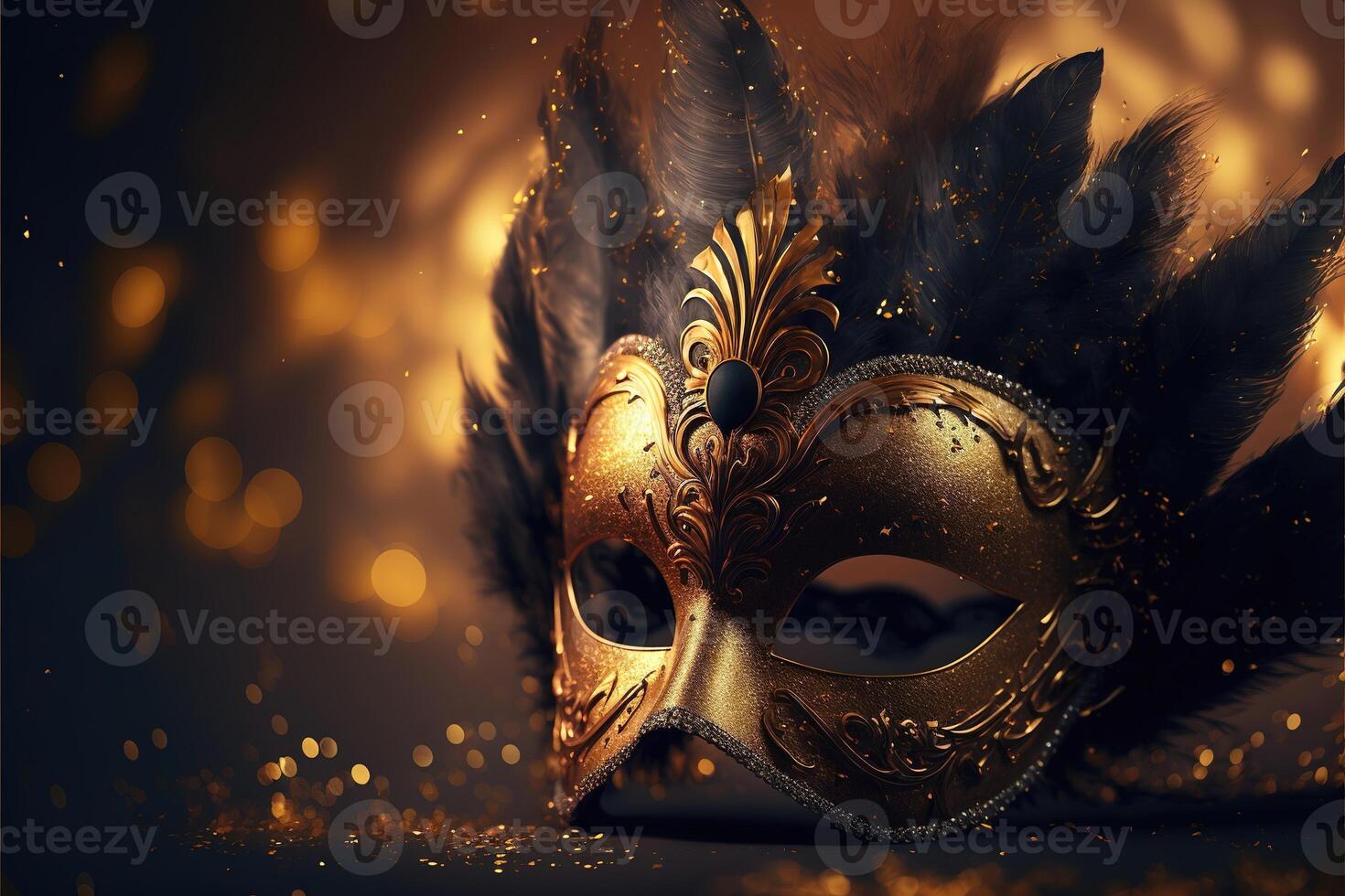 Realistic luxury carnival mask with yellow feathers. Abstract blurred background, gold dust, and light effects. photo