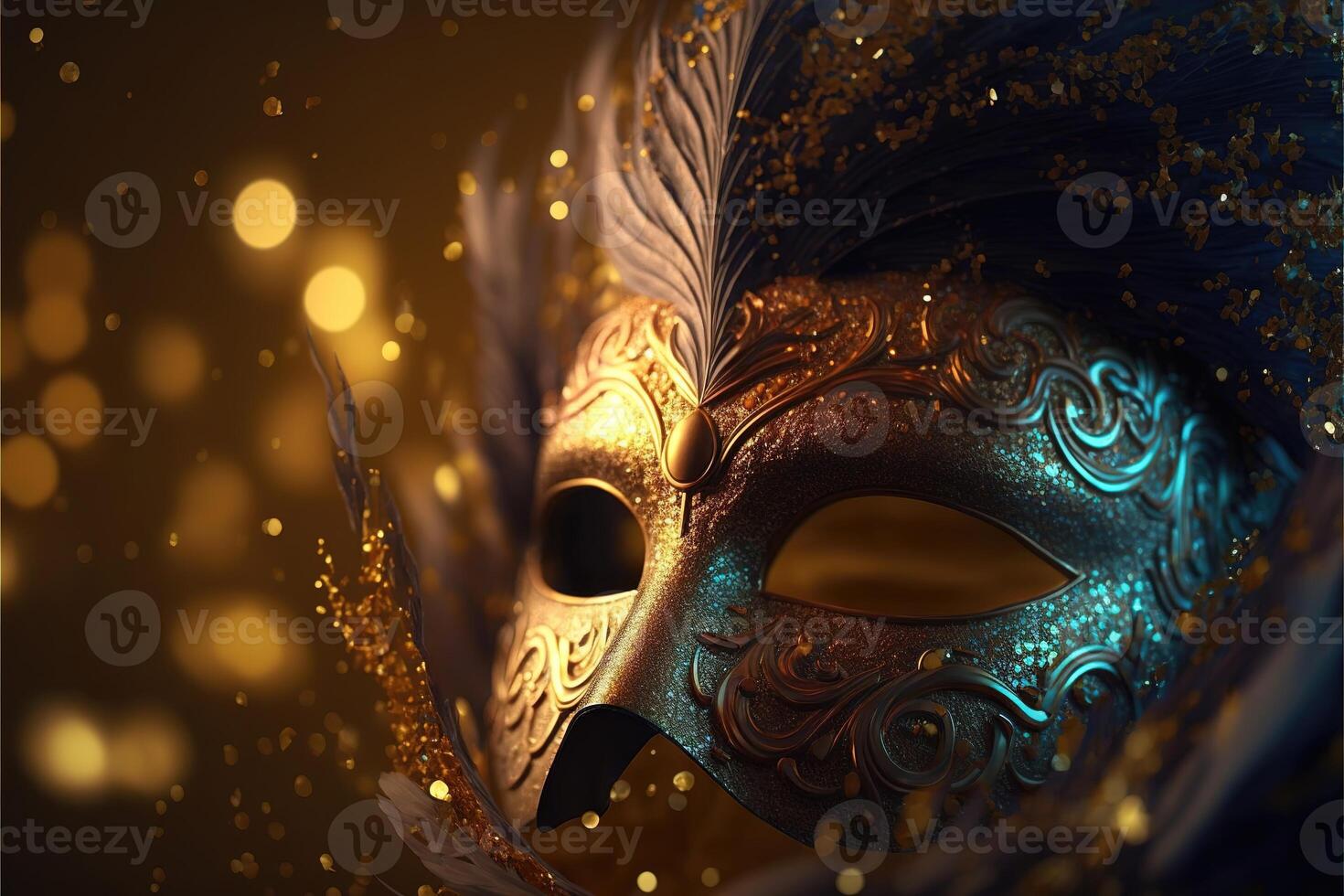 Realistic luxury carnival mask with yellow feathers. Abstract blurred background, gold dust, and light effects. photo