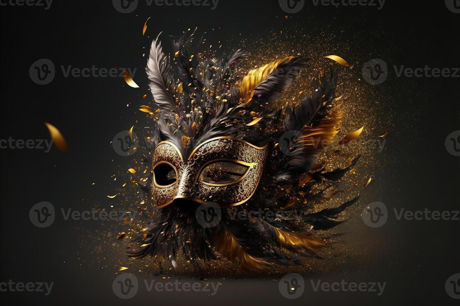 Realistic festive background with ornate masquerade carnival mask, feathers, sequins and confetti. photo