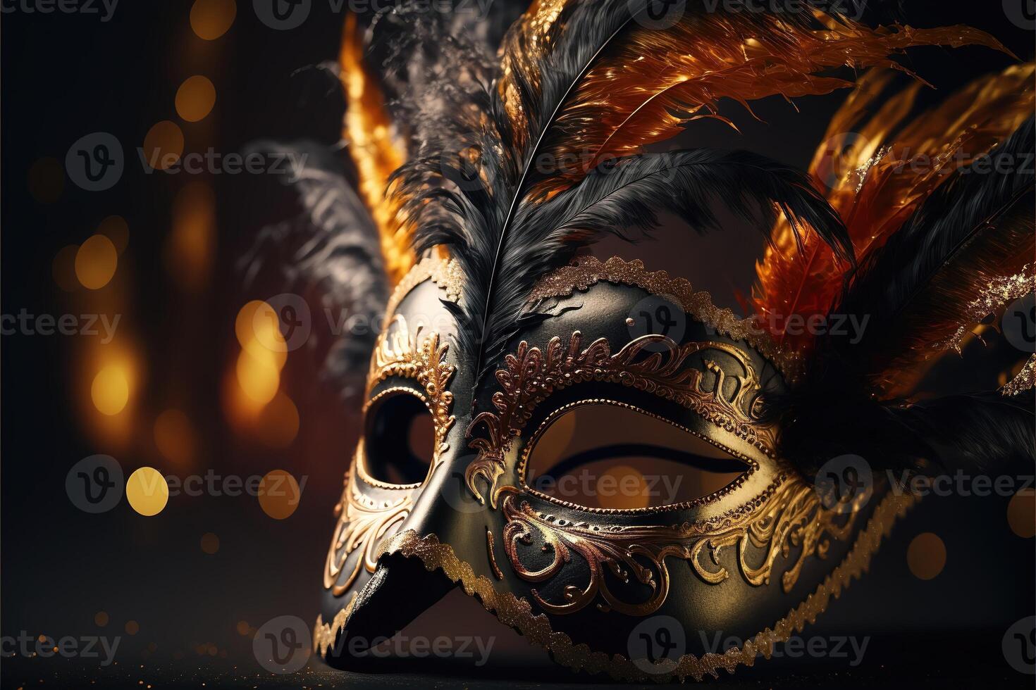 Realistic festive background with ornate masquerade carnival mask, feathers, sequins and confetti. photo