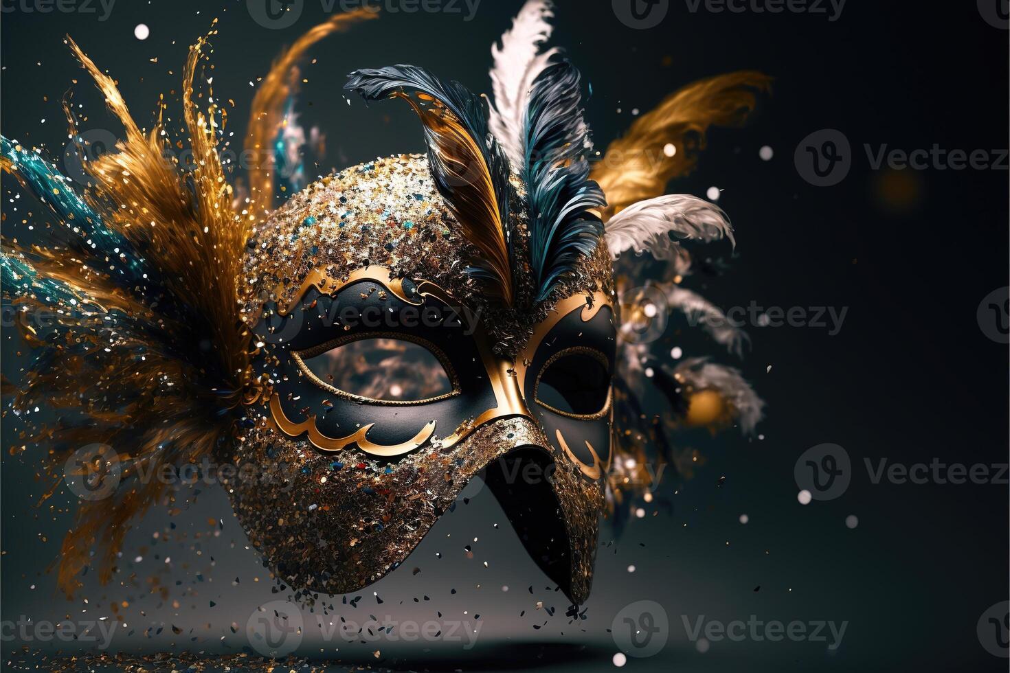 Realistic festive background with ornate masquerade carnival mask, feathers, sequins and confetti. photo