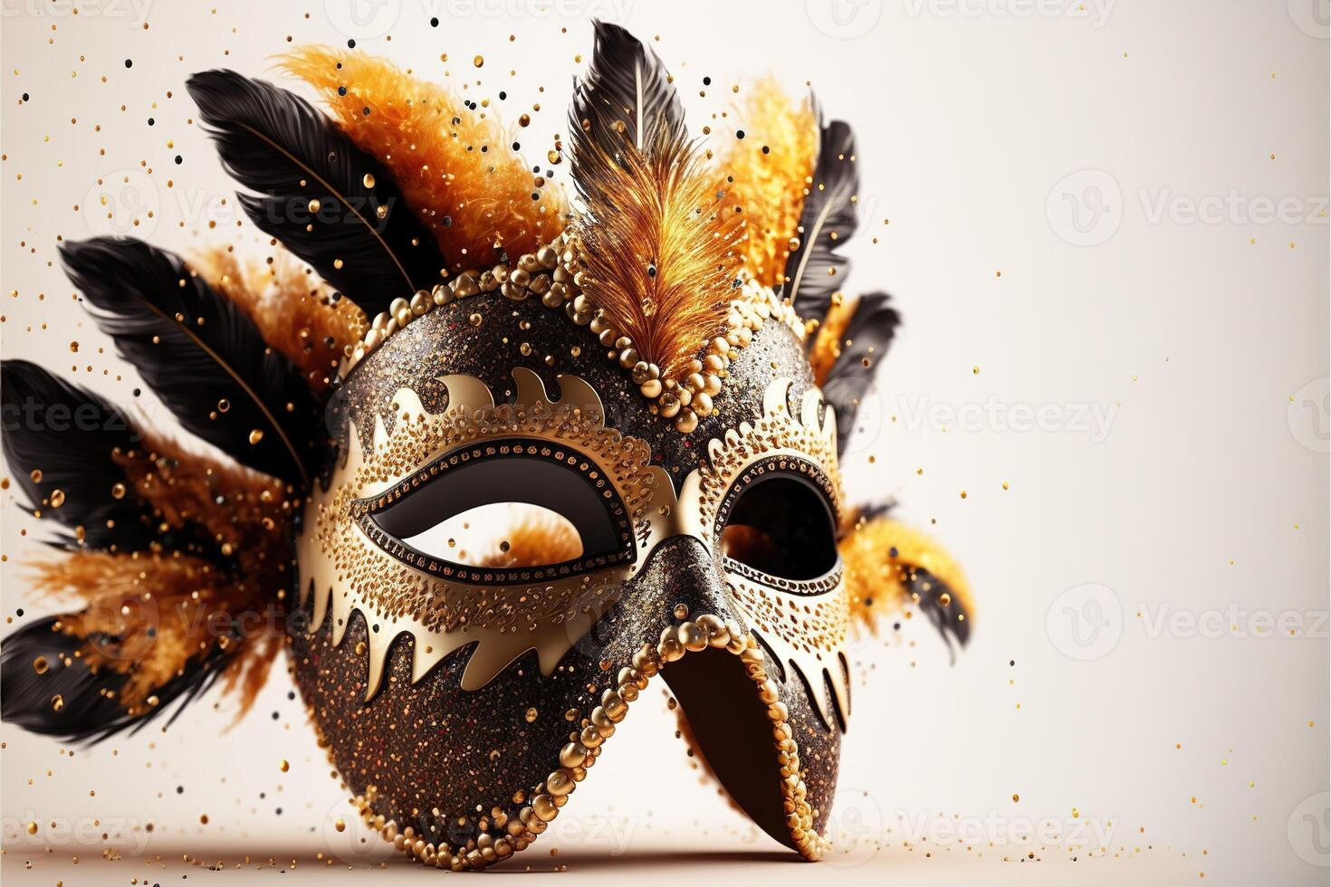 Realistic luxury carnival mask with feathers, gold dust, and light effects. . photo