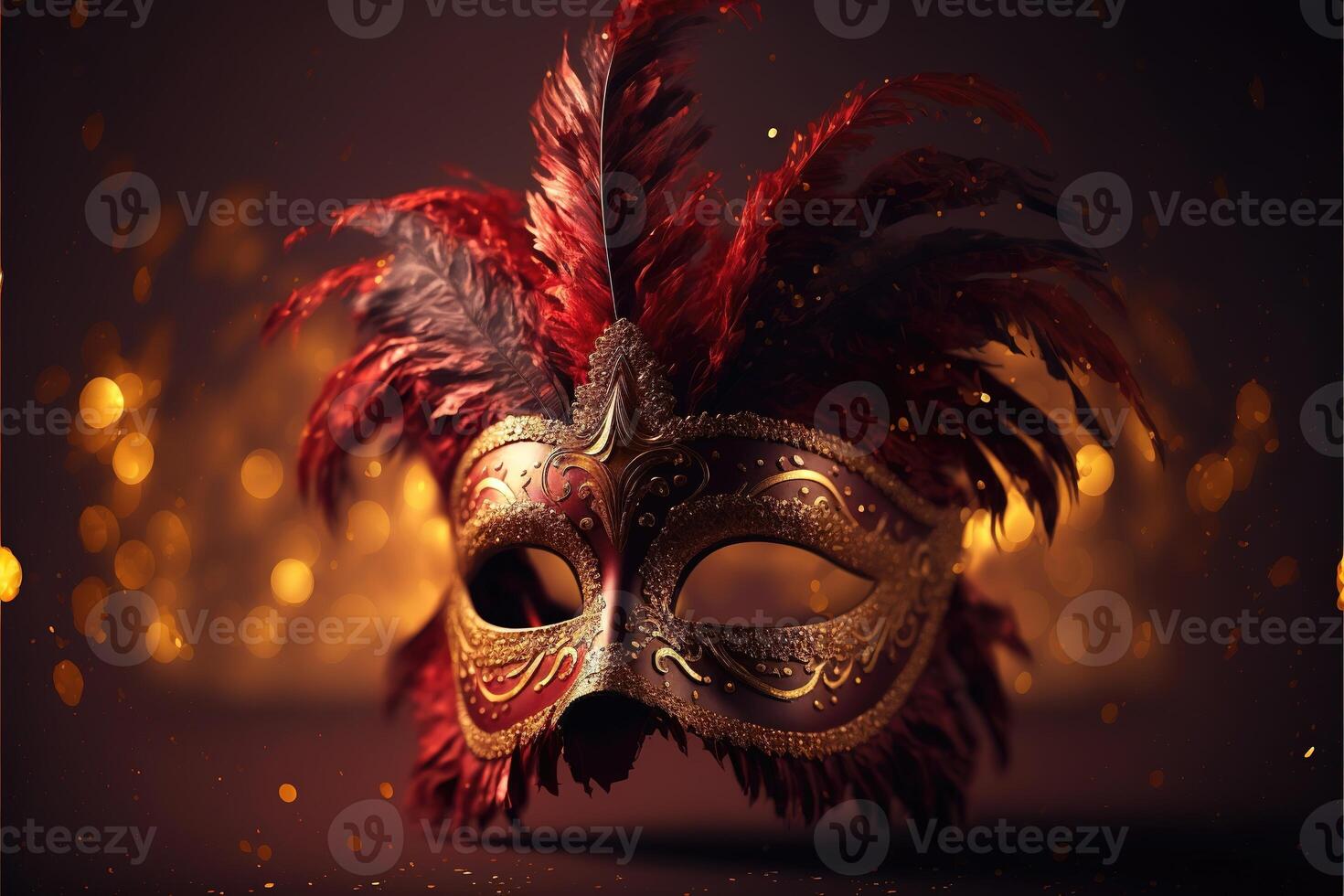 Realistic luxury carnival mask red festive background.. Abstract blurred backdrop, gold dust, and light effects. photo