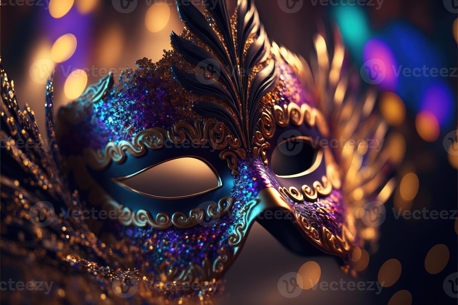 Realistic luxury carnival mask with colorful feathers. Abstract blurred background, gold dust, and light effects. . photo