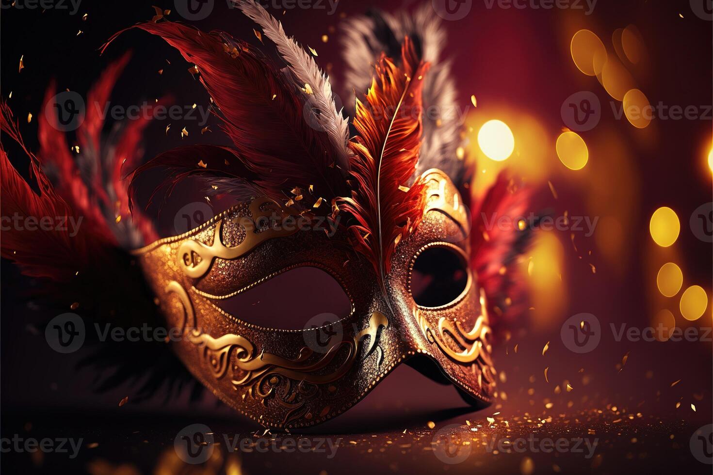 Realistic luxury carnival mask red festive background.. Abstract blurred backdrop, gold dust, and light effects. photo