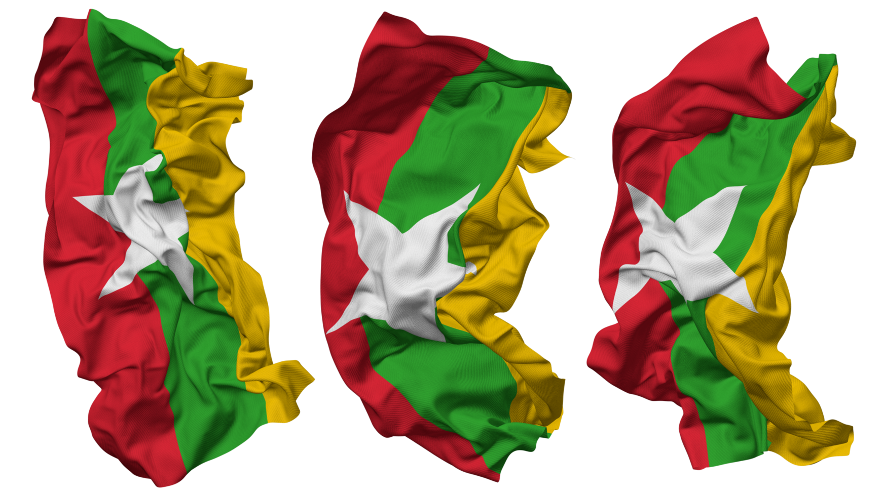 Burma, Myanmar Flag Waves Isolated in Different Styles with Bump Texture, 3D Rendering png