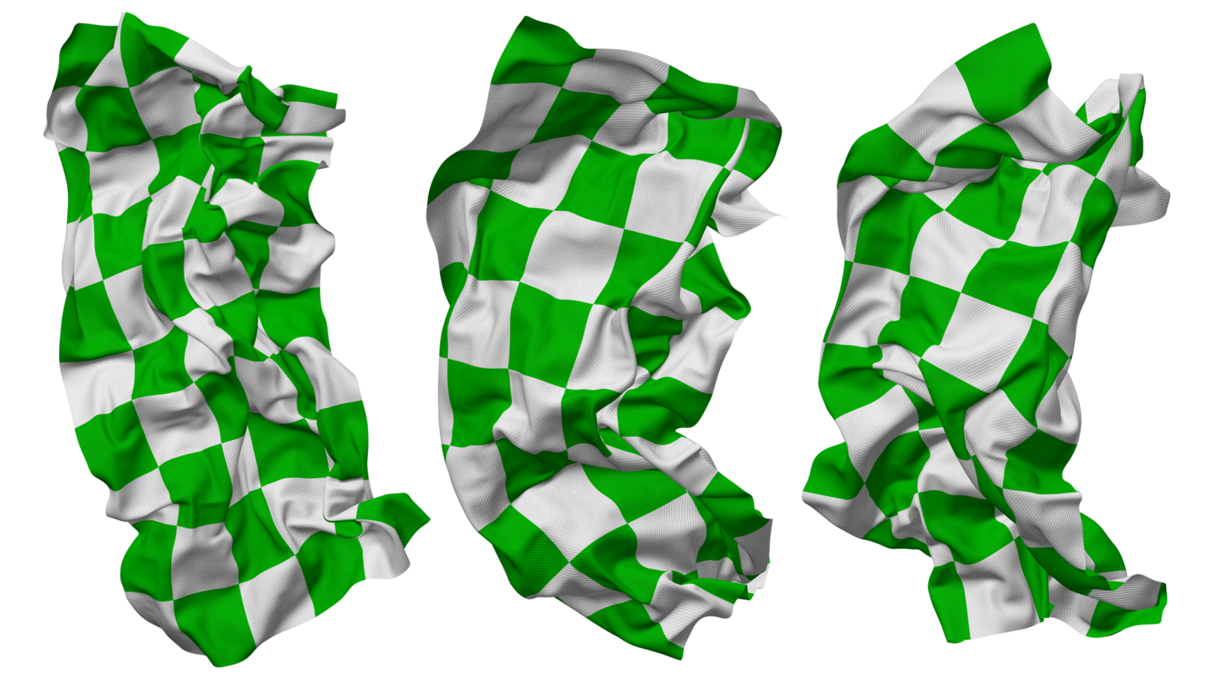 Green and White Racing Checkered Flag Waves Isolated in Different Styles with Bump Texture, 3D Rendering png