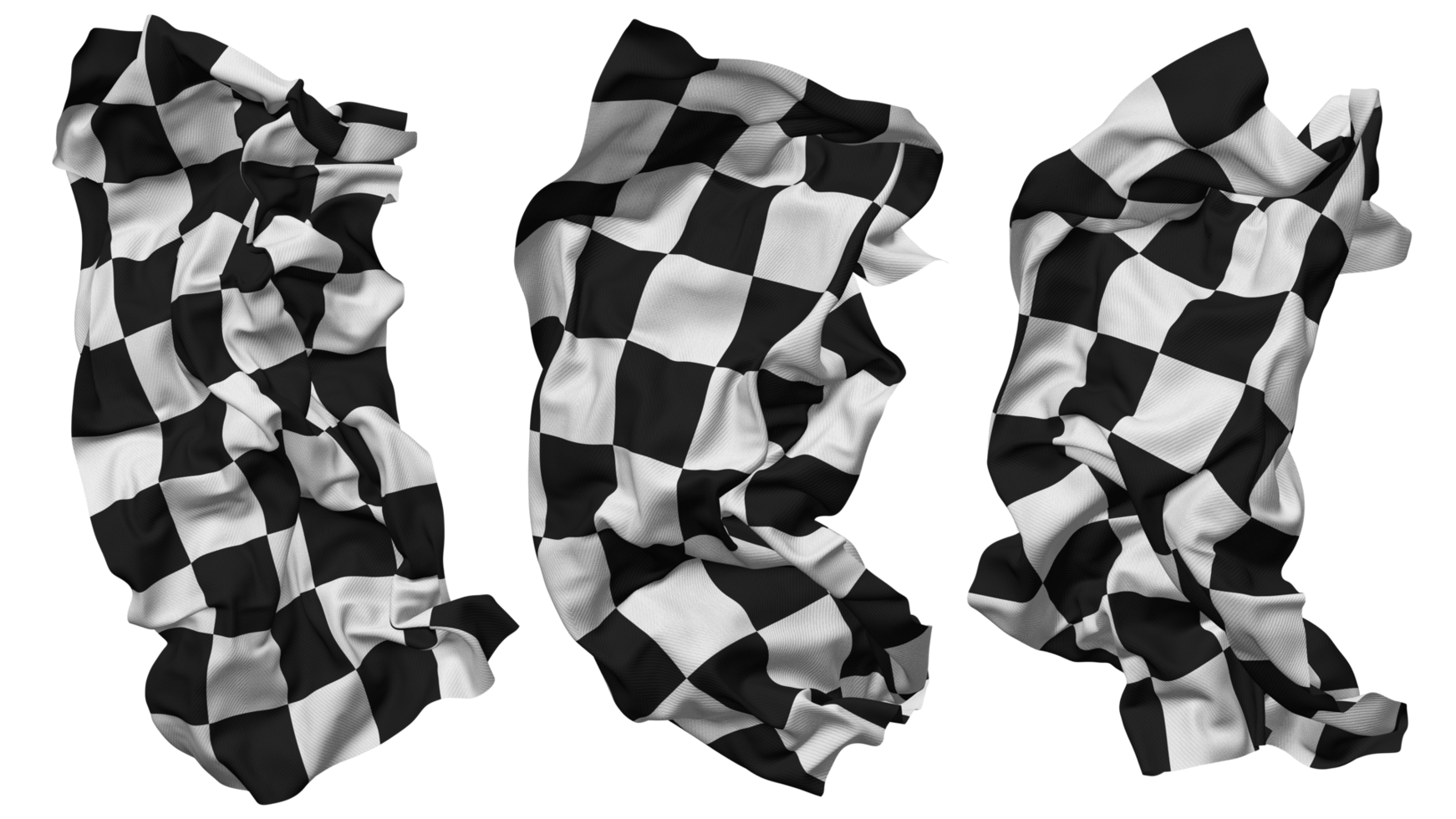 Black and White Racing Checkered Flag Waves Isolated in Different Styles with Bump Texture, 3D Rendering png