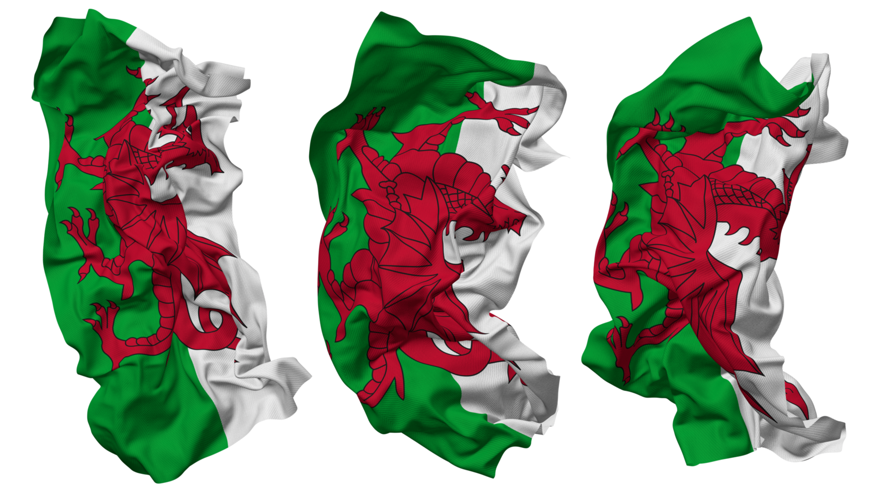 Wales vlag golven geïsoleerd in verschillend stijlen met buil textuur, 3d renderen png