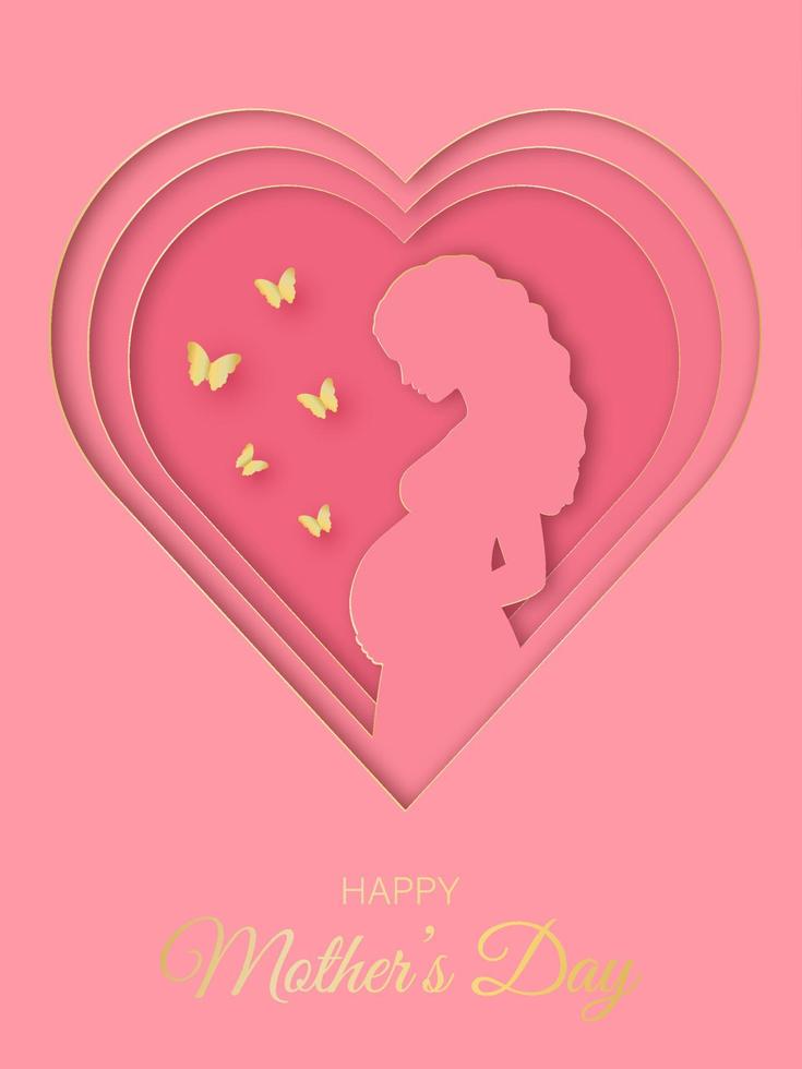 Happy Mother's Day greeting card in paper cut style. Beautiful pregnant woman and golden butterflies on a pink background. vector