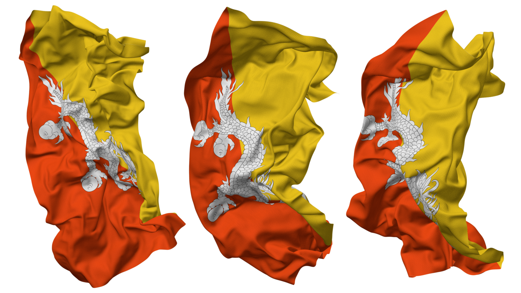 Bhutan vlag golven geïsoleerd in verschillend stijlen met buil textuur, 3d renderen png