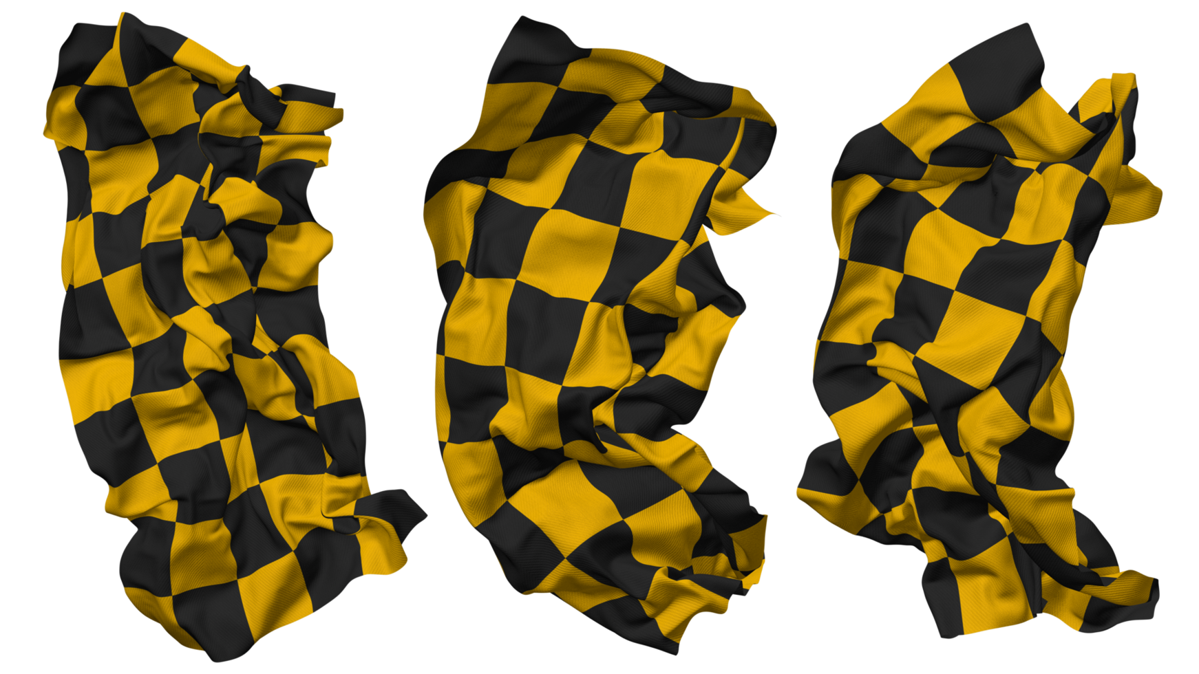 Black and Yellow Racing Checkered Flag Waves Isolated in Different Styles with Bump Texture, 3D Rendering png