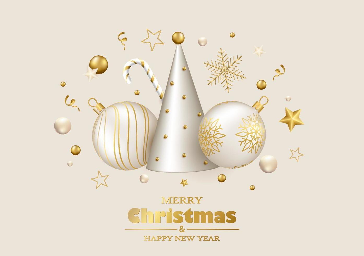 Merry Christmas and Happy New Year background. White and gold 3d objects. Christmas tree, balls and gold decor. vector