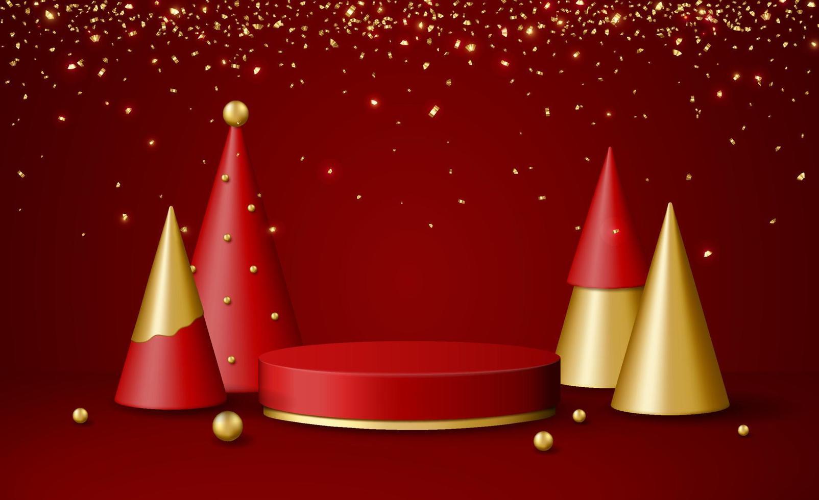 Christmas 3d scene with red and gold podium platform, Christmas trees and confetti. vector