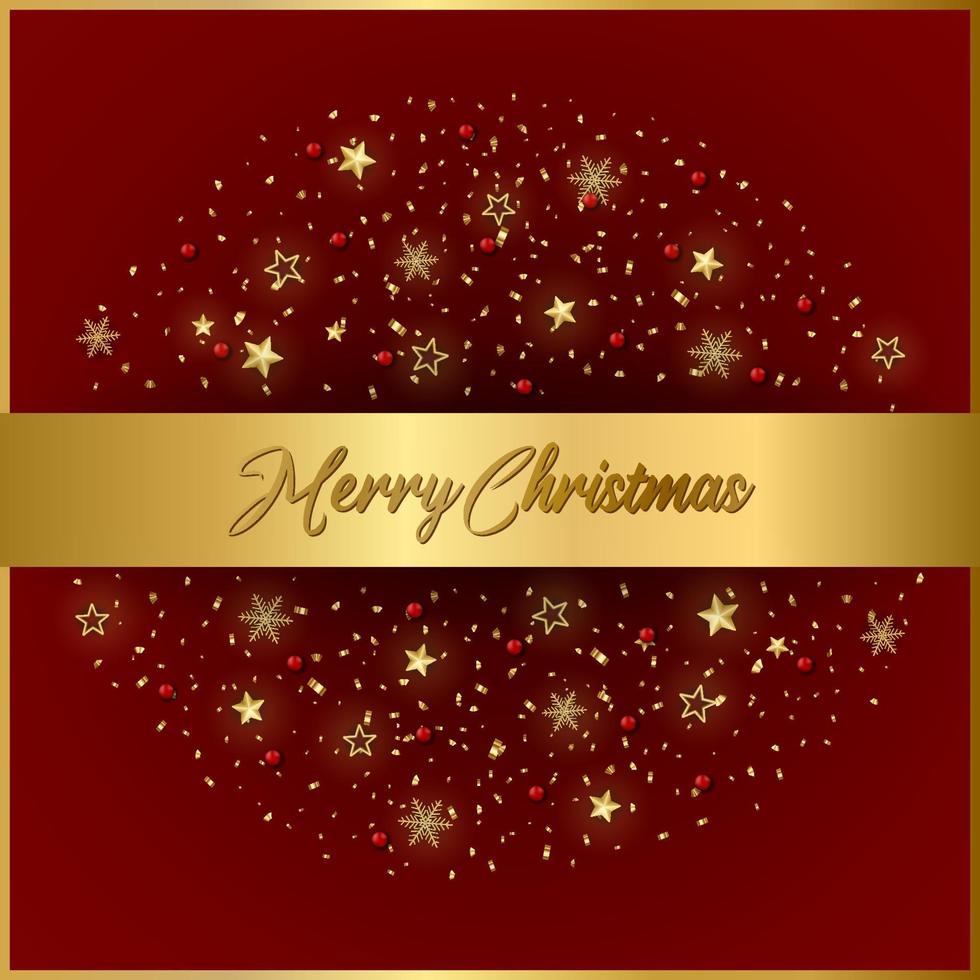 Merry Christmas greeting card. Gold decor and confetti on a red background. vector