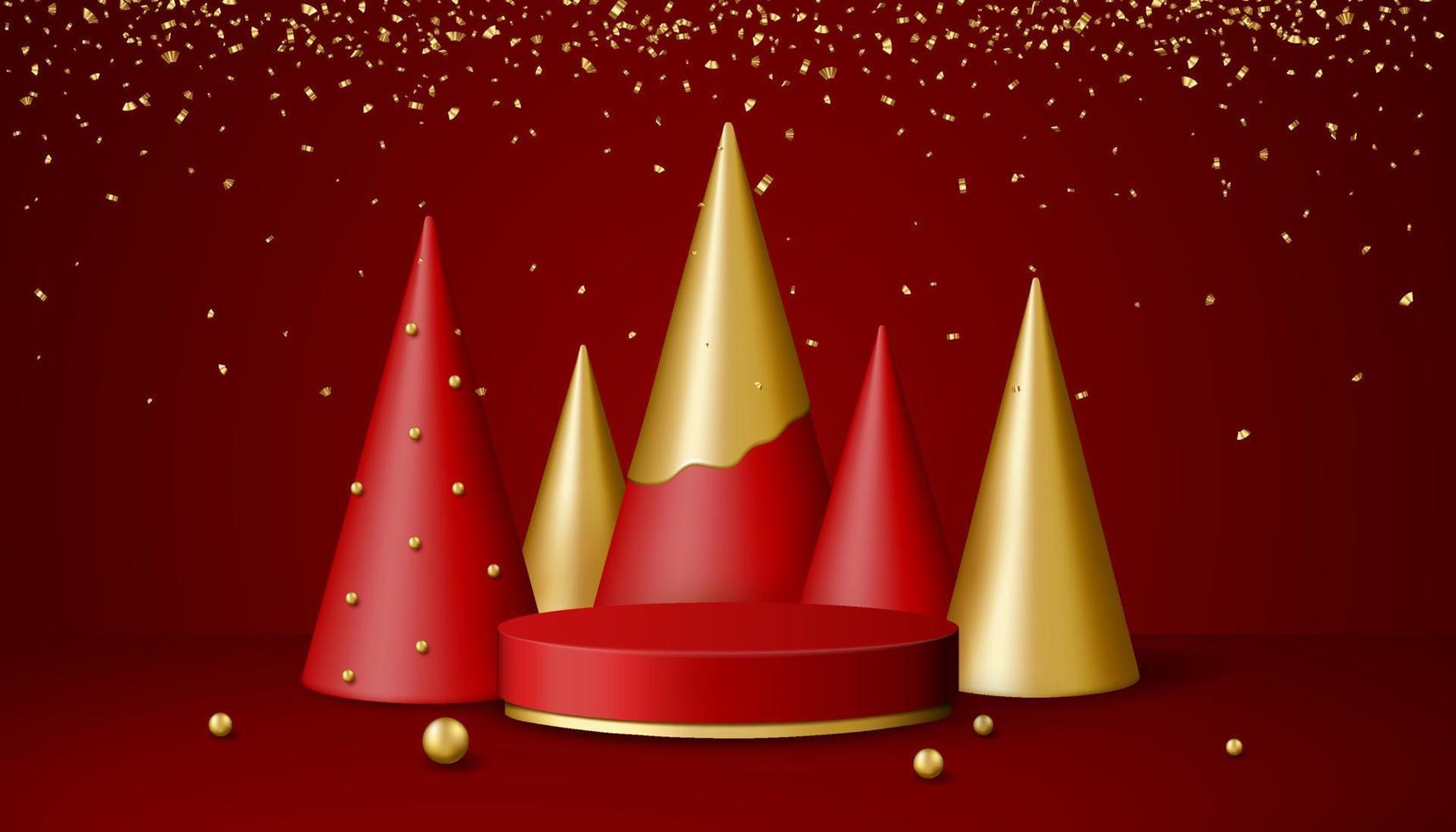 Christmas 3d scene with red and gold podium platform, Christmas trees and confetti. vector