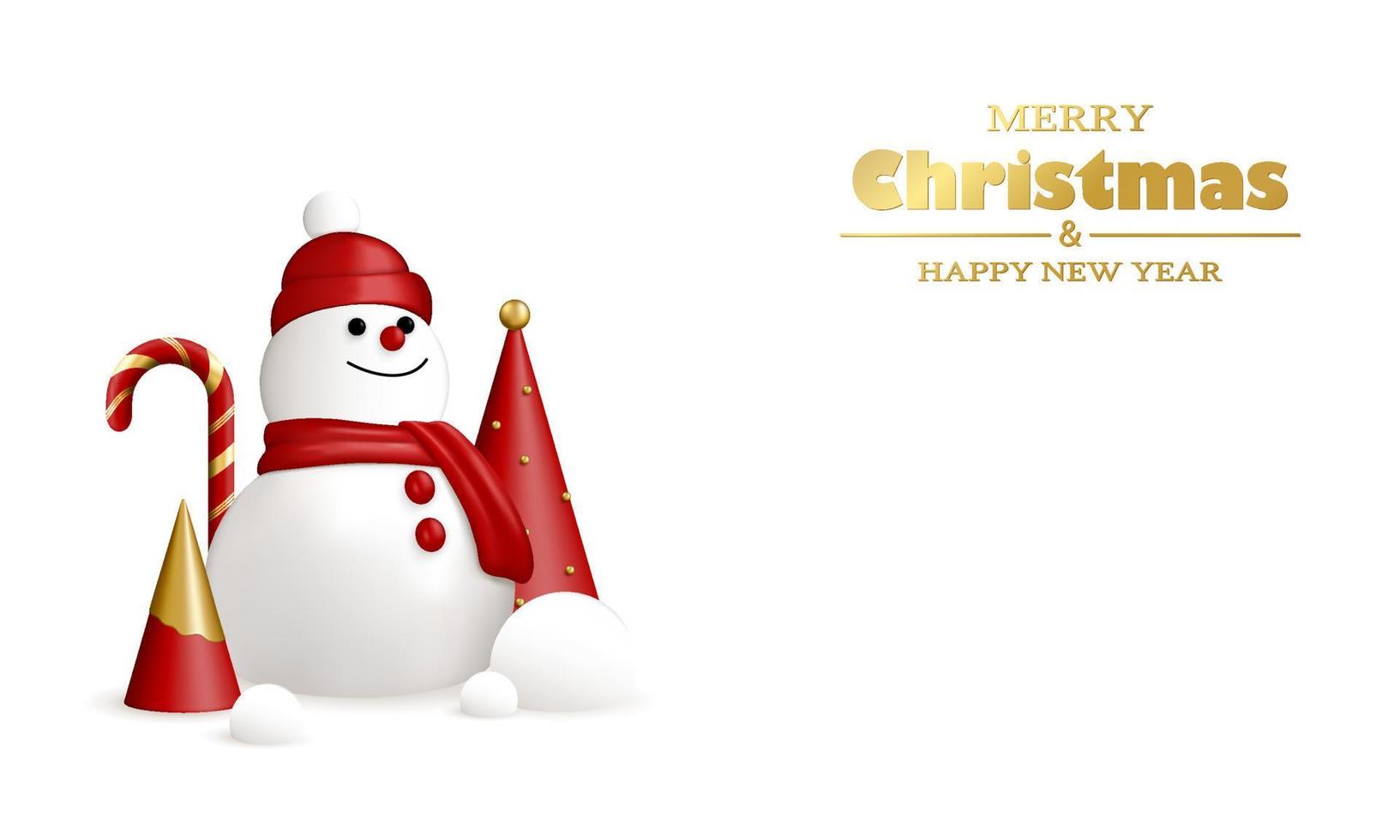 Merry Christmas and Happy New Year background. White, red and gold 3D objects. Christmas tree, candy, snowballs and snowman. vector