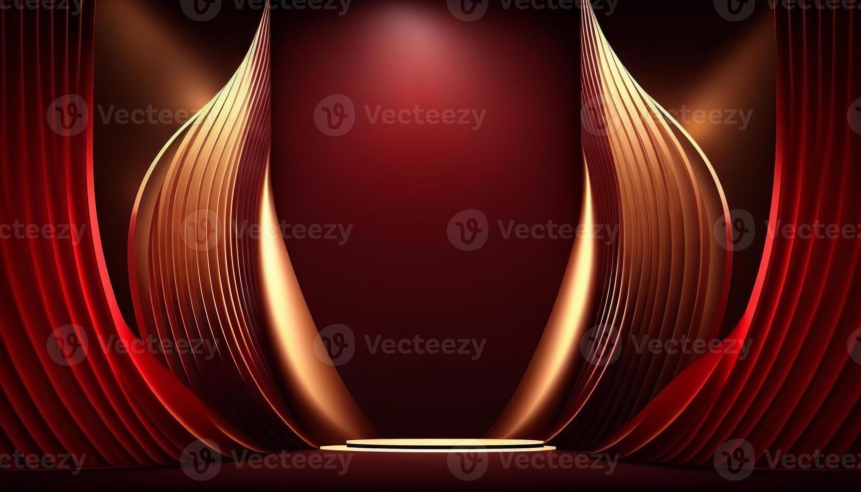 Red Maroon Golden Curtain Stage Award Background. Trophy on Red Carpet Luxury Background. photo