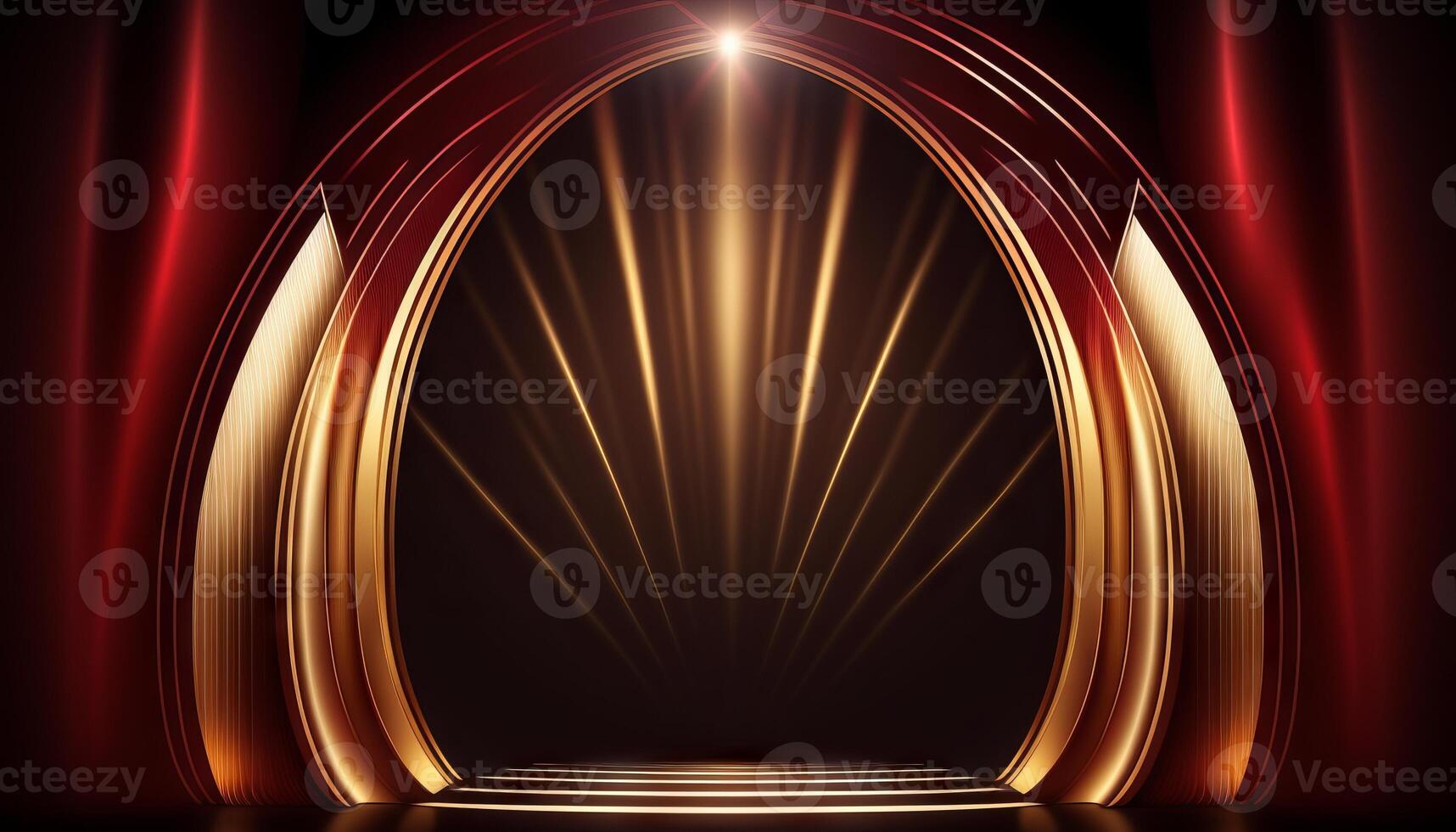 Red Maroon Golden Curtain Stage Award Background. Trophy on Red Carpet Luxury Background. photo