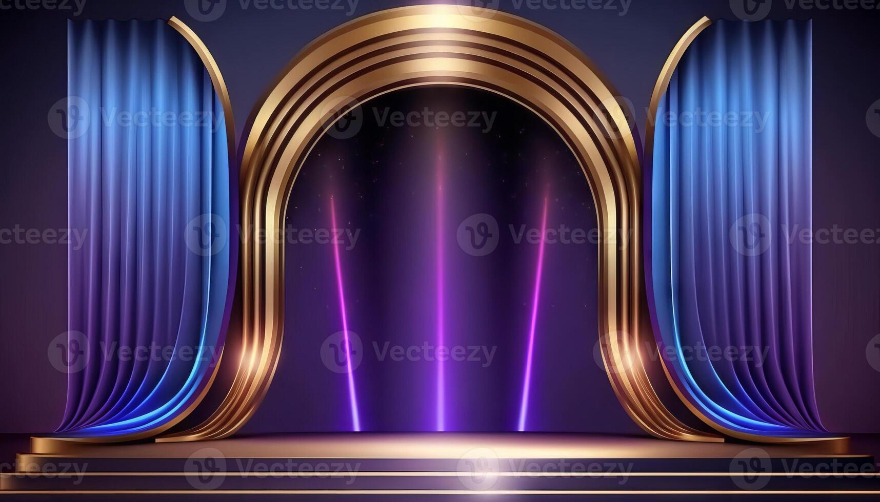 Blue purple Golden Curtain Stage Award Background. Trophy on Red Carpet Luxury Background. photo