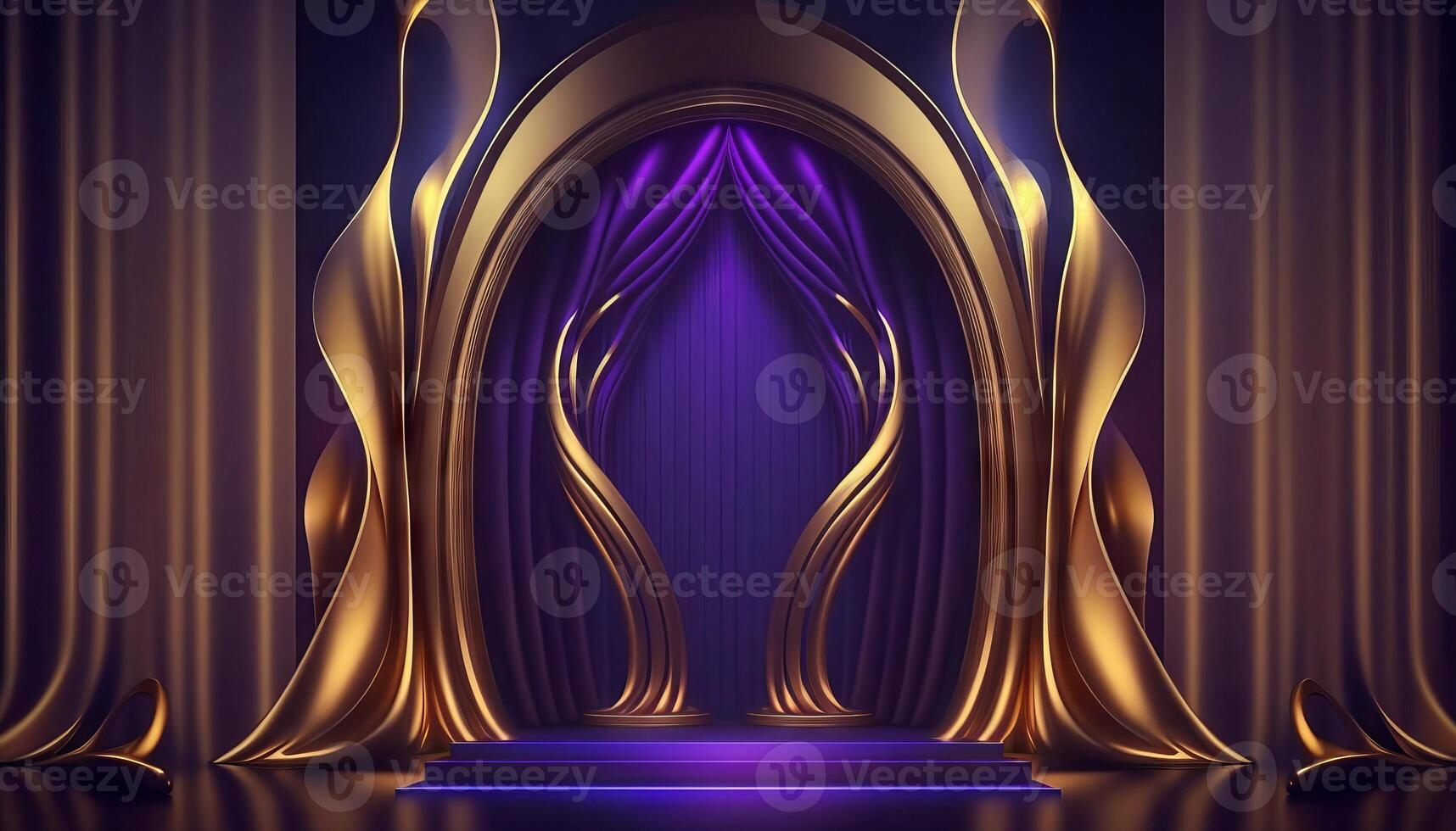 Blue purple Golden Curtain Stage Award Background. Trophy on Red Carpet Luxury Background. photo