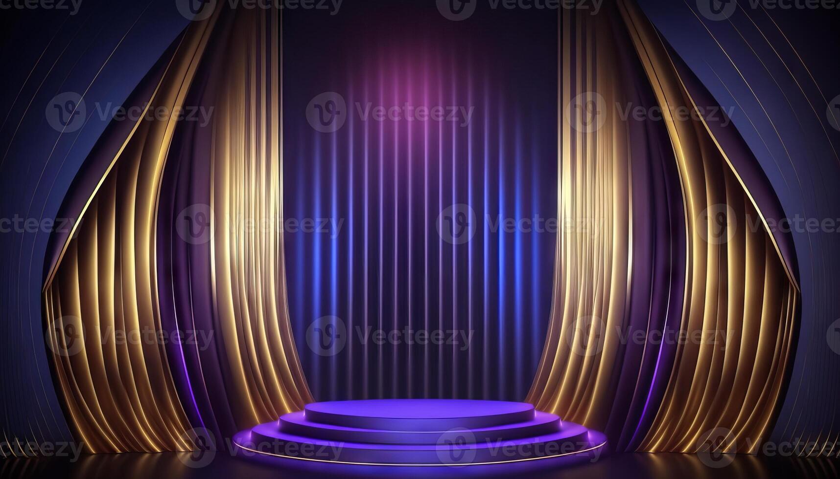 Blue purple Golden Curtain Stage Award Background. Trophy on Red Carpet Luxury Background. photo