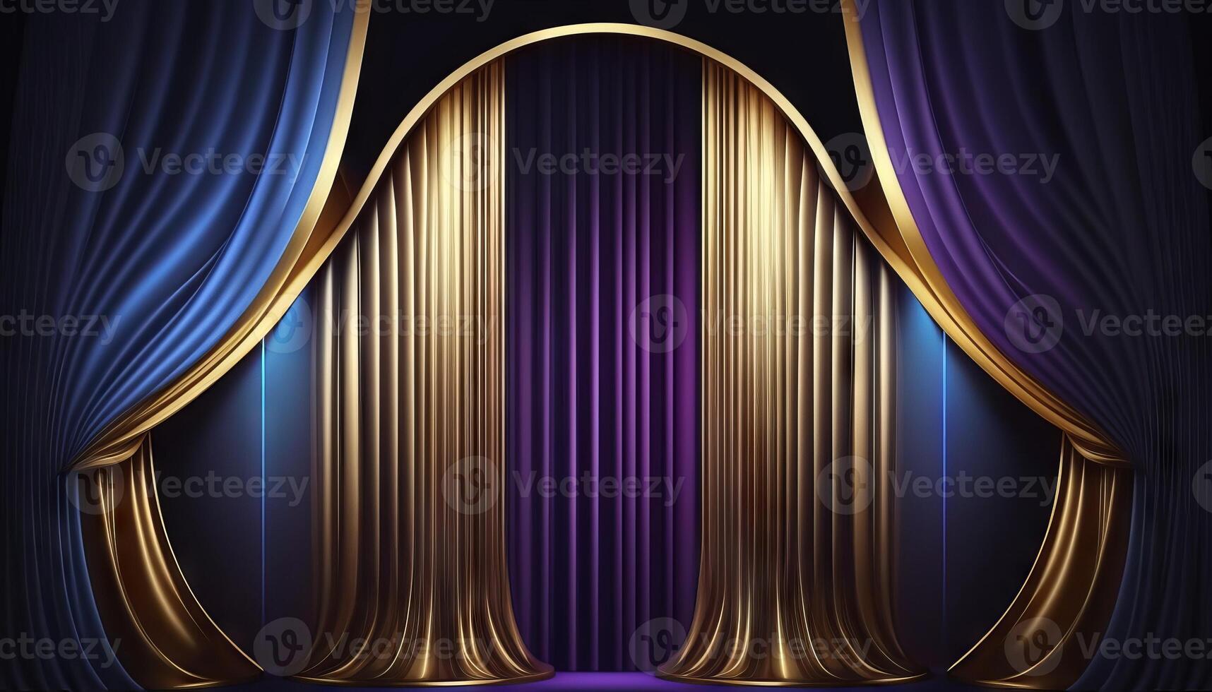 Blue purple Golden Curtain Stage Award Background. Trophy on Red Carpet Luxury Background. photo