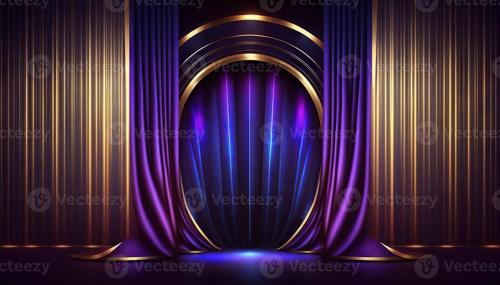 Blue purple Golden Curtain Stage Award Background. Trophy on Red Carpet Luxury Background. photo