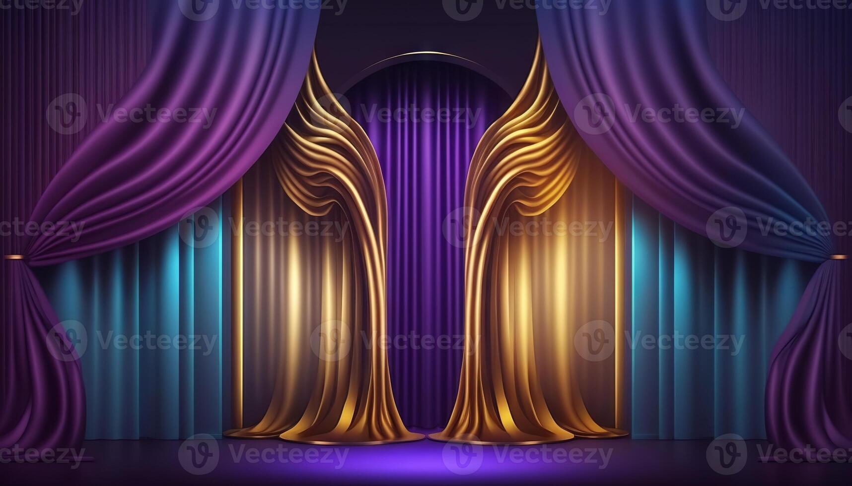 Blue purple Golden Curtain Stage Award Background. Trophy on Red Carpet Luxury Background. photo