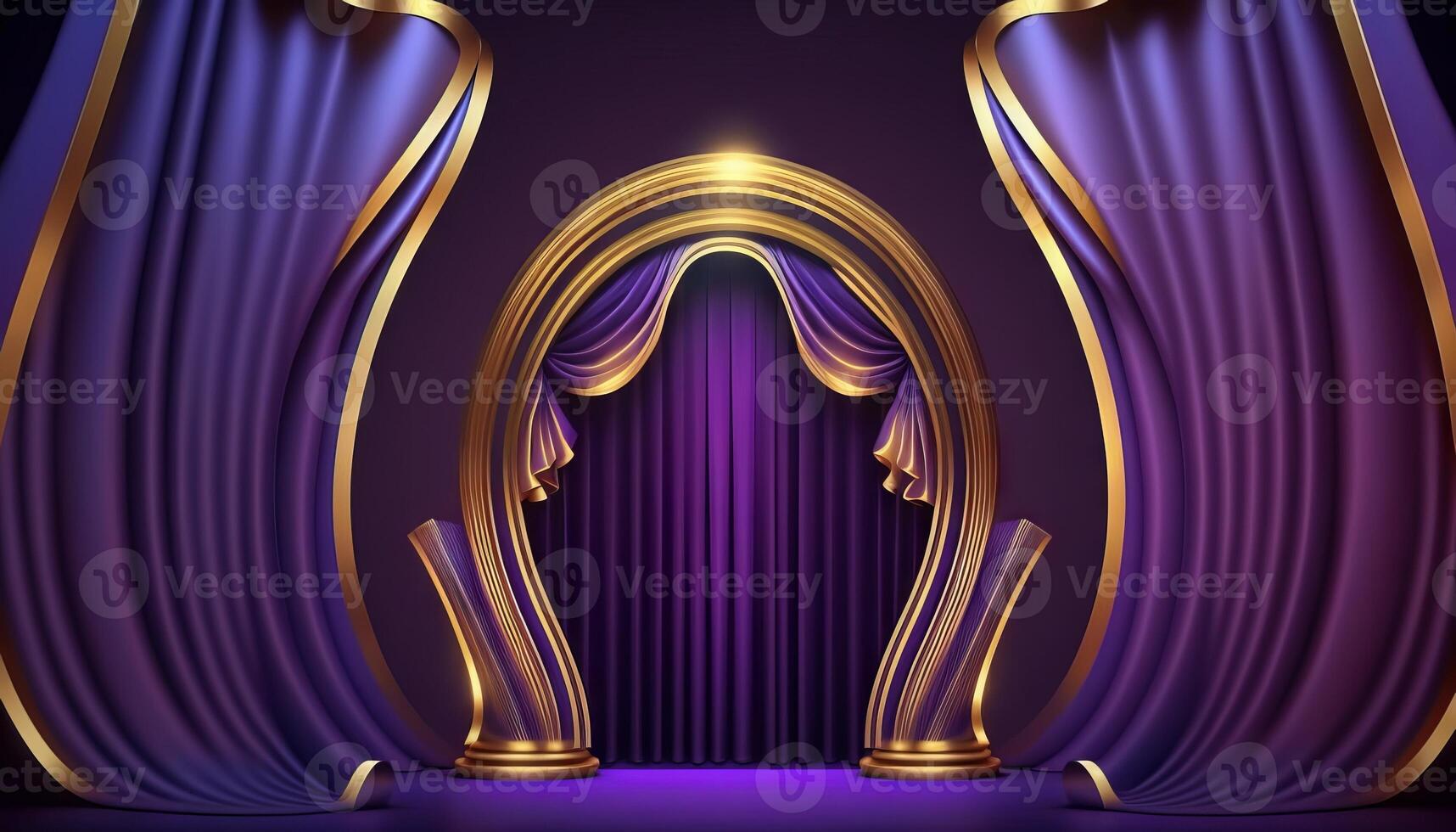 Blue purple Golden Curtain Stage Award Background. Trophy on Red Carpet Luxury Background. photo