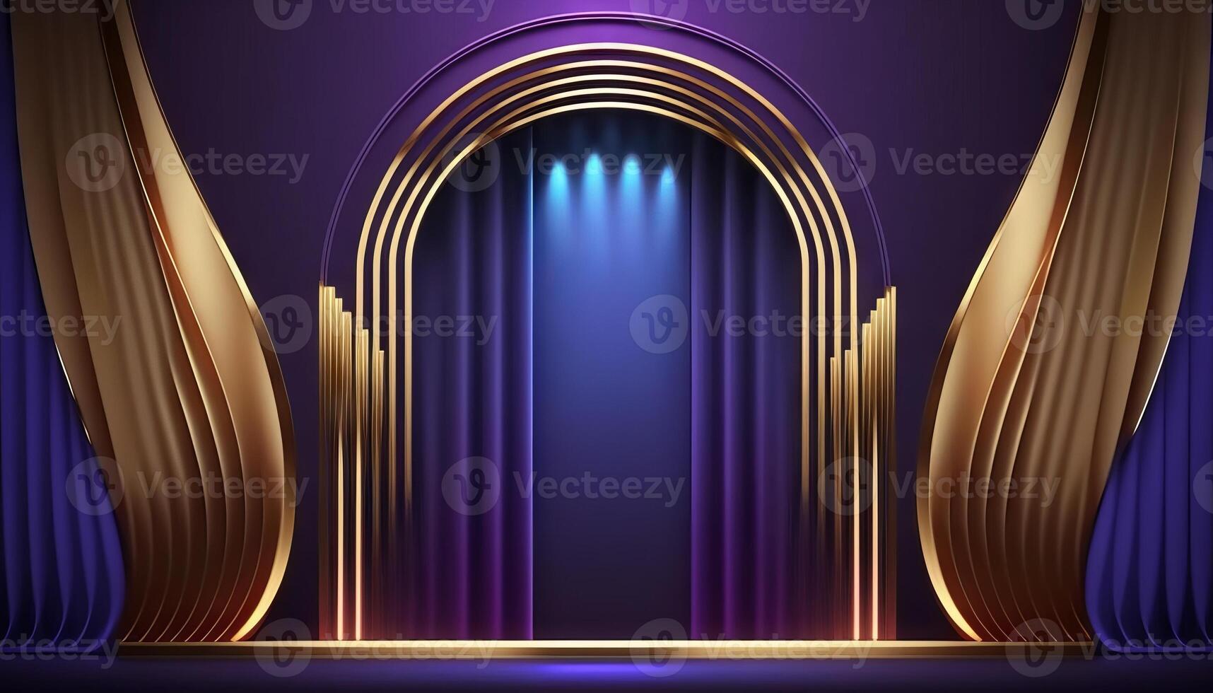 Blue purple Golden Curtain Stage Award Background. Trophy on Red Carpet Luxury Background. photo