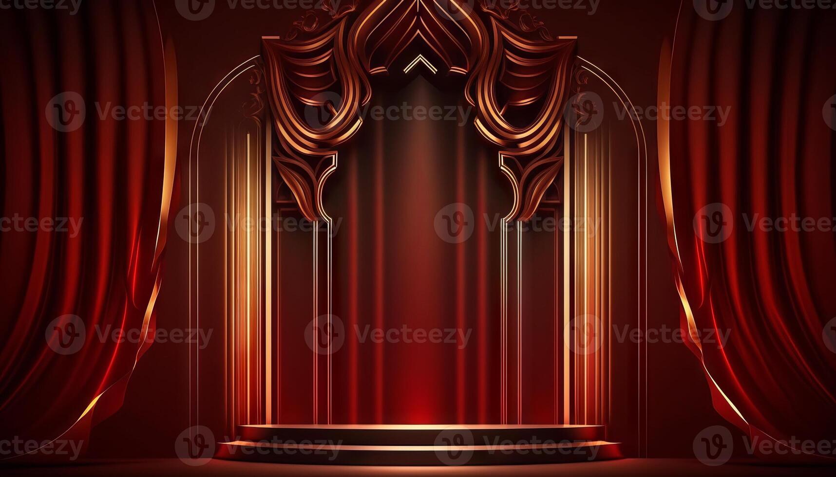 Red Maroon Golden Curtain Stage Award Background. Trophy on Red Carpet Luxury Background. photo